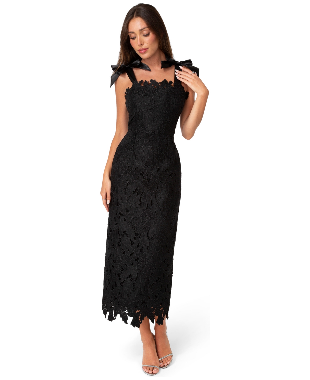 Bebe Women’s Bow Strap Lace Midaxi Dress – Black Bebe Women’s Bow Strap Lace Midaxi Dress – Black