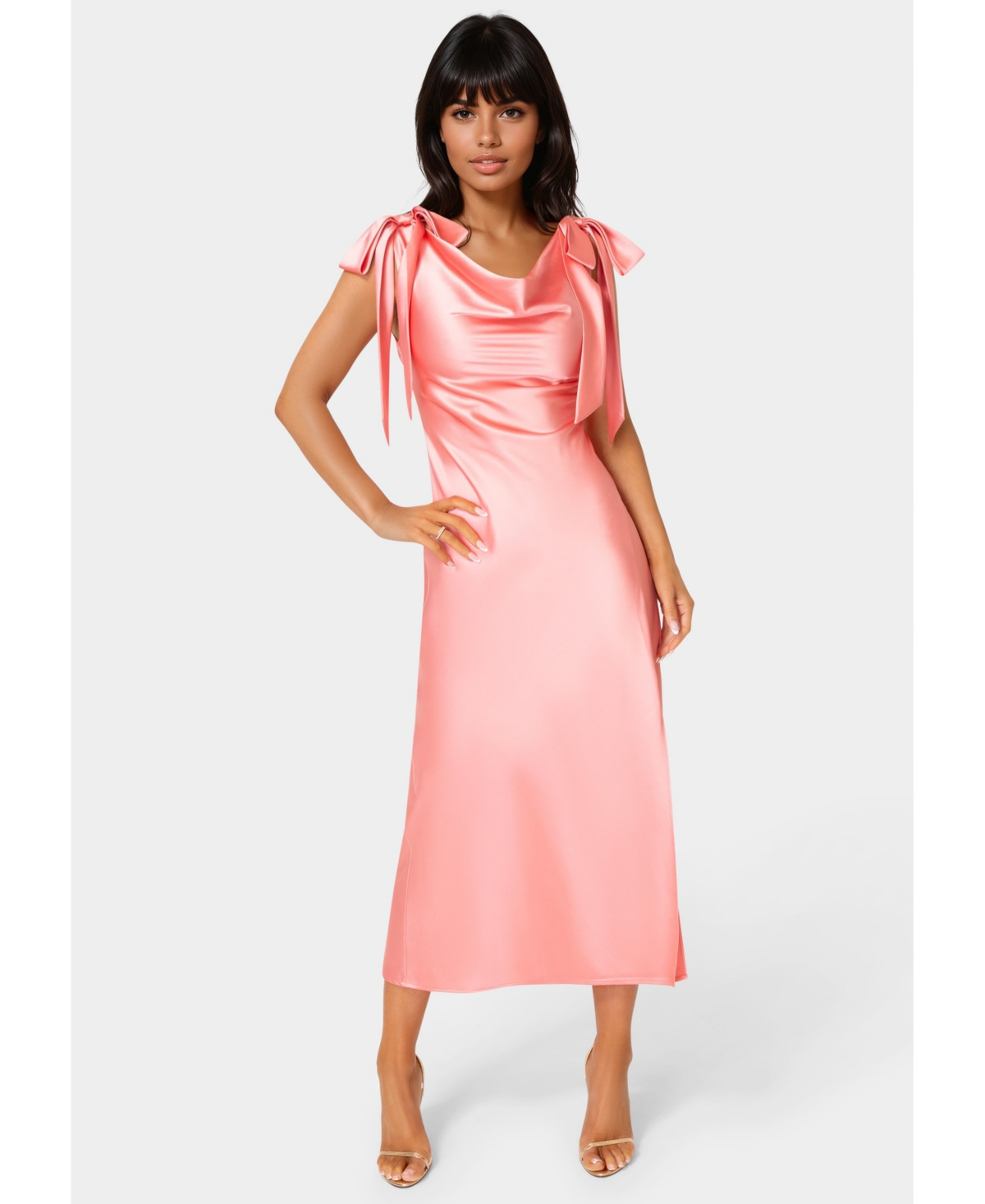 Bebe Women’s Bow Strap Satin Midi Dress – Coral Bebe Women’s Bow Strap Satin Midi Dress – Coral