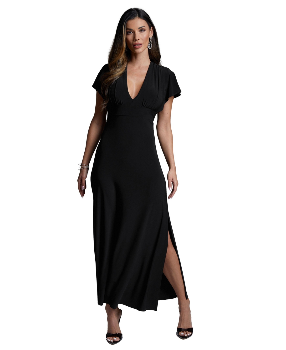 Bebe Women’s Cap Sleeve V-Neck Full Maxi Dress – Black Bebe Women’s Cap Sleeve V-Neck Full Maxi Dress – Black