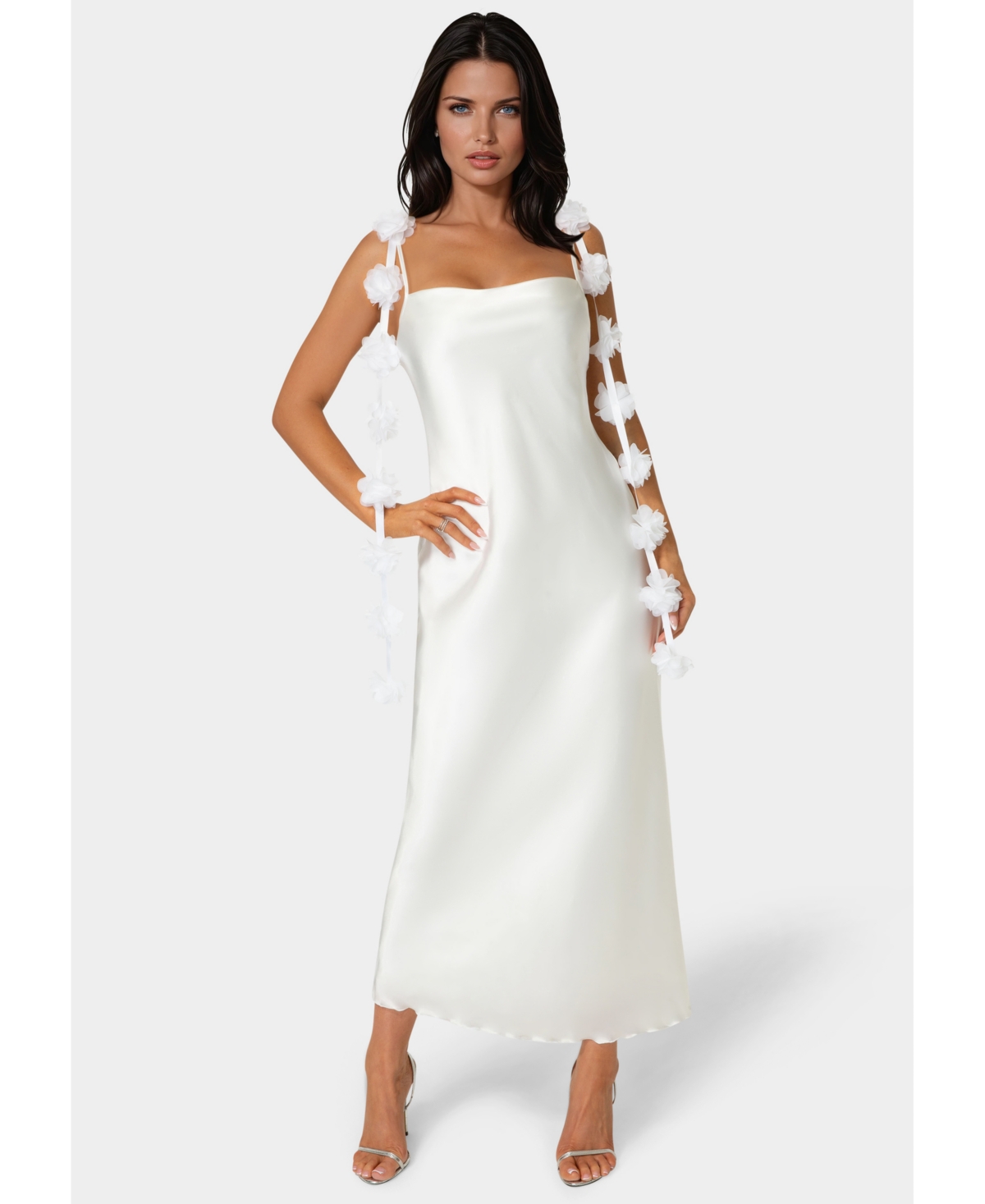Bebe Women’s Cascading Floral Satin Maxi Dress – Ivory Bebe Women’s Cascading Floral Satin Maxi Dress – Ivory