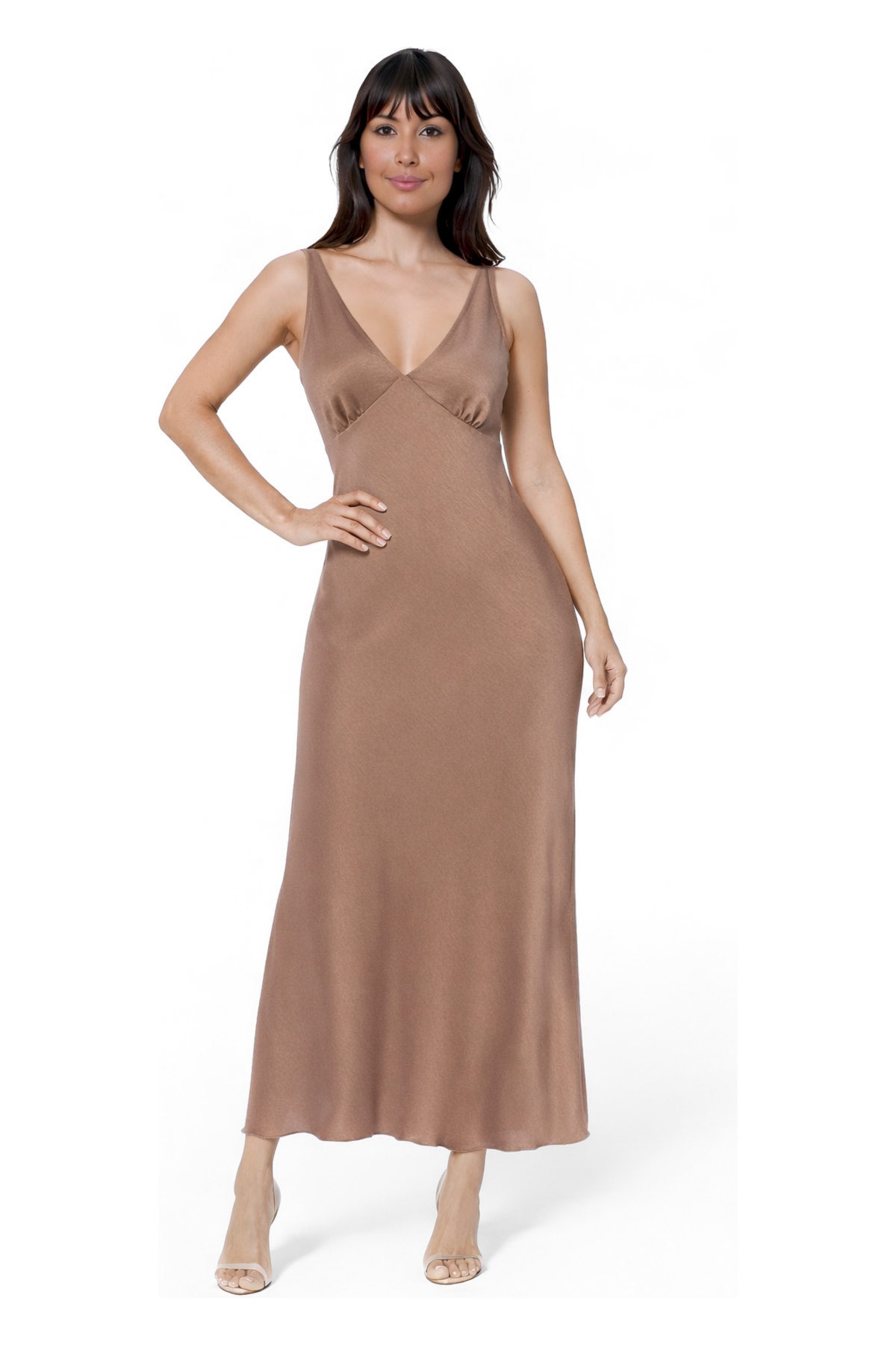 Bebe Women’s Ceycrepe Satin V-Neck Sleeveless Maxi Dress – Mocha
