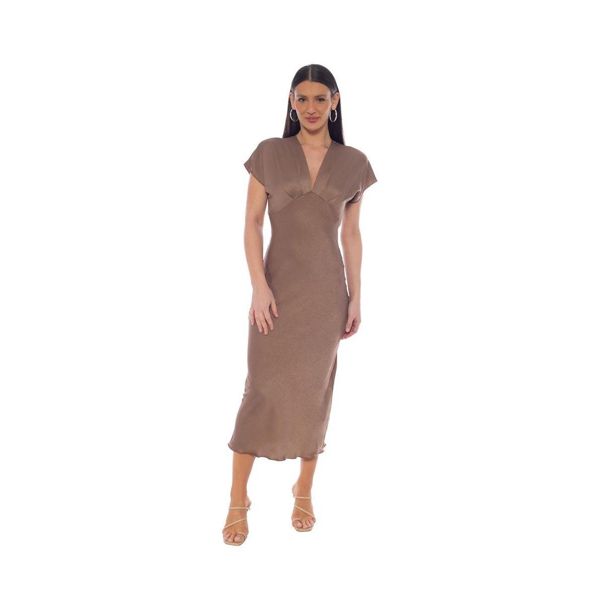 Bebe Women’s Crepe Satin V-Neck Maxi Dress – Mocha