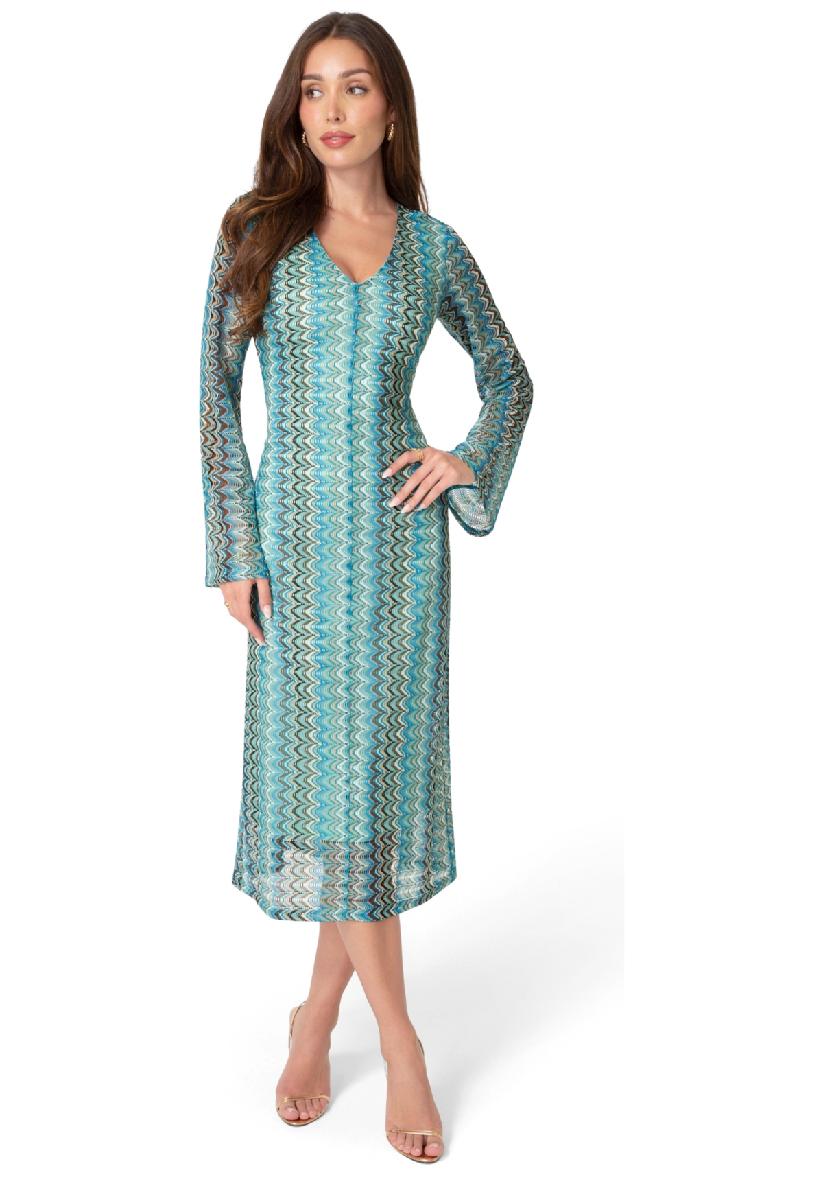Bebe Women’s Crochet Stripe Bell Sleeve Maxi Dress – Blue multi Bebe Women’s Crochet Stripe Bell Sleeve Maxi Dress – Blue multi