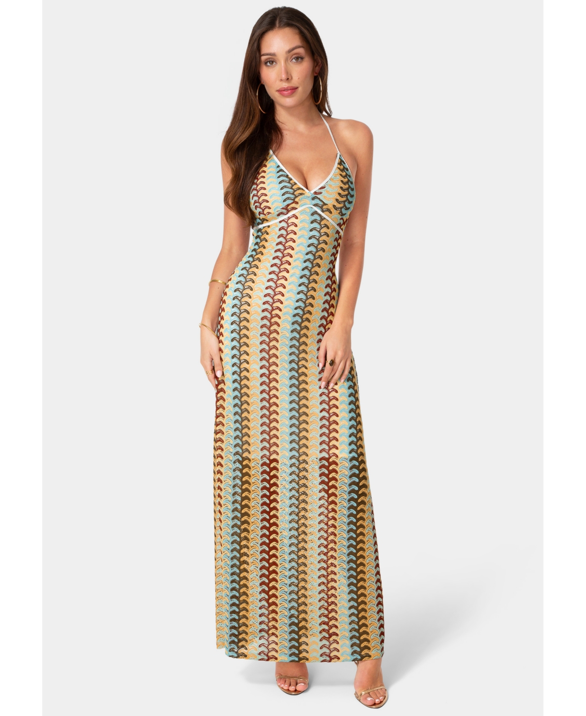 Bebe Women’s Crochet Stripe Halter A-Line Maxi Dress – Blue multi Bebe Women’s Crochet Stripe Halter A-Line Maxi Dress – Blue multi
