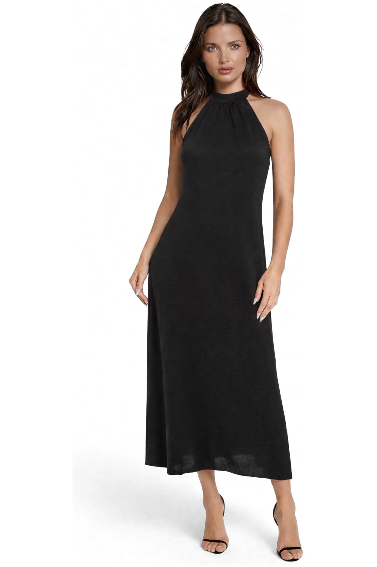 Bebe Women’s Crushed Satin Mock Neck Maxi Dress – Black