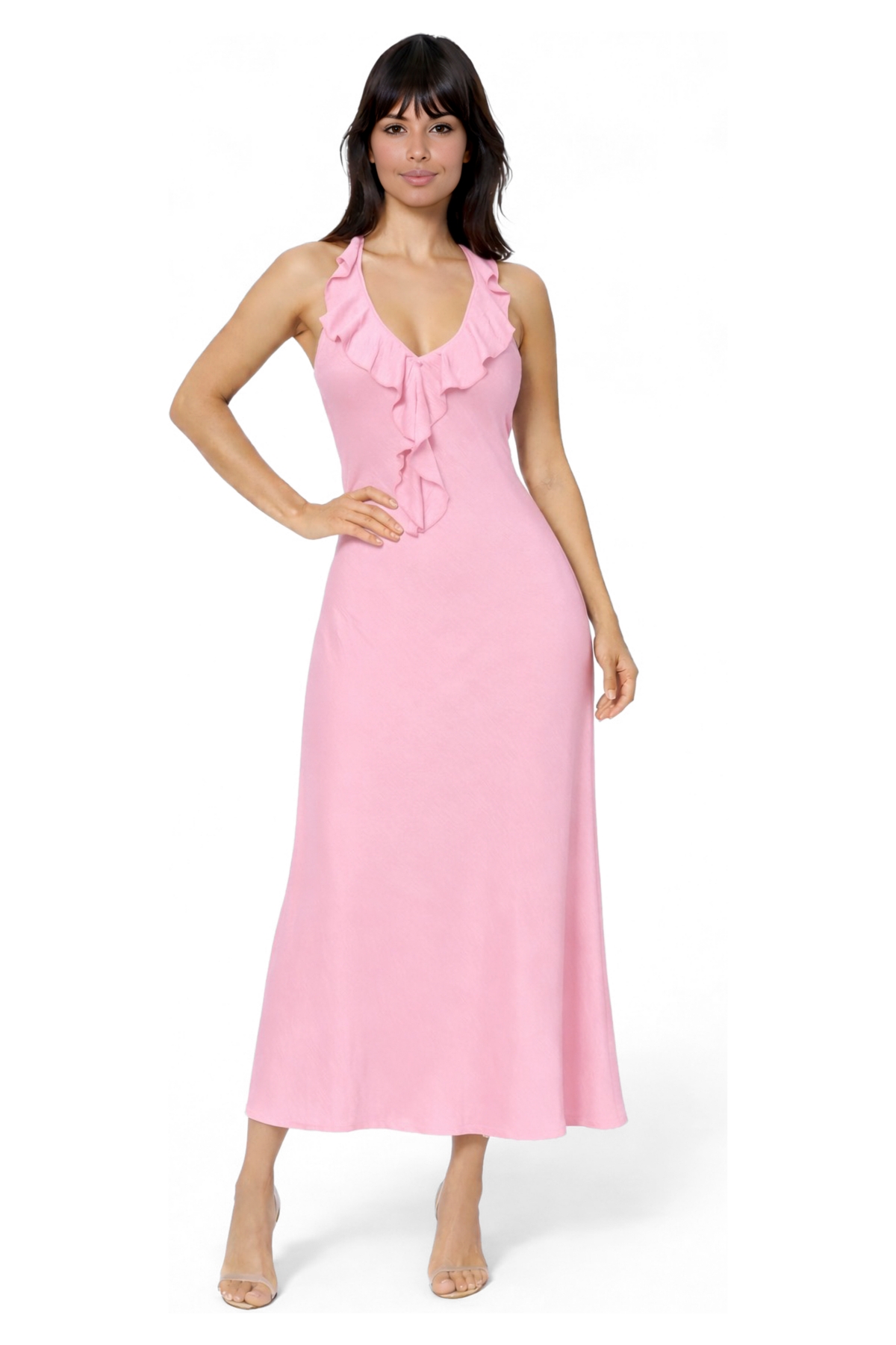 Bebe Women’s Crushed Satin Ruffle Halter Maxi Dress – Rose Bebe Women’s Crushed Satin Ruffle Halter Maxi Dress – Rose