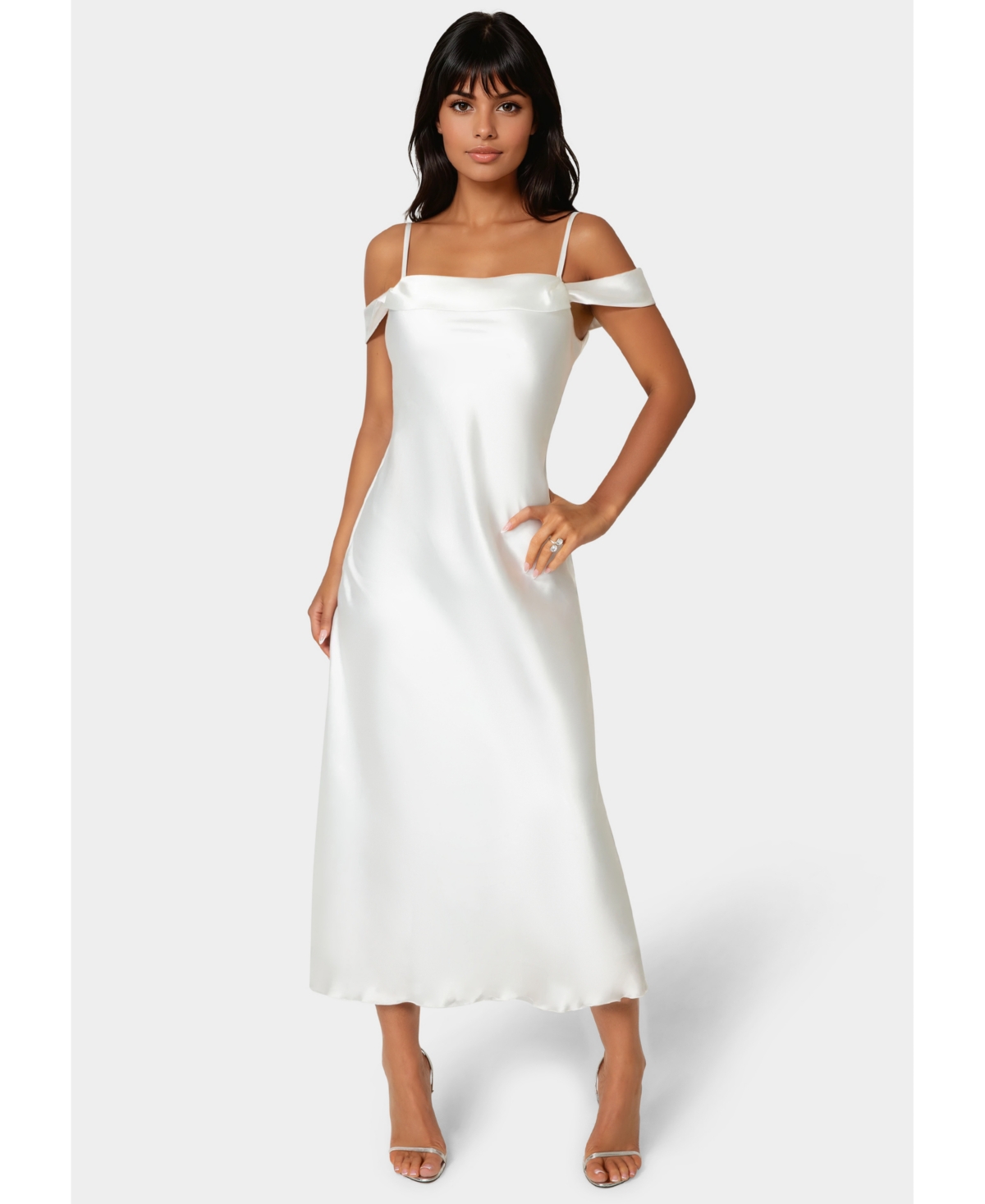 Bebe Women’s Drape Shoulder High Slit Satin Maxi Dress – Ivory Bebe Women’s Drape Shoulder High Slit Satin Maxi Dress – Ivory