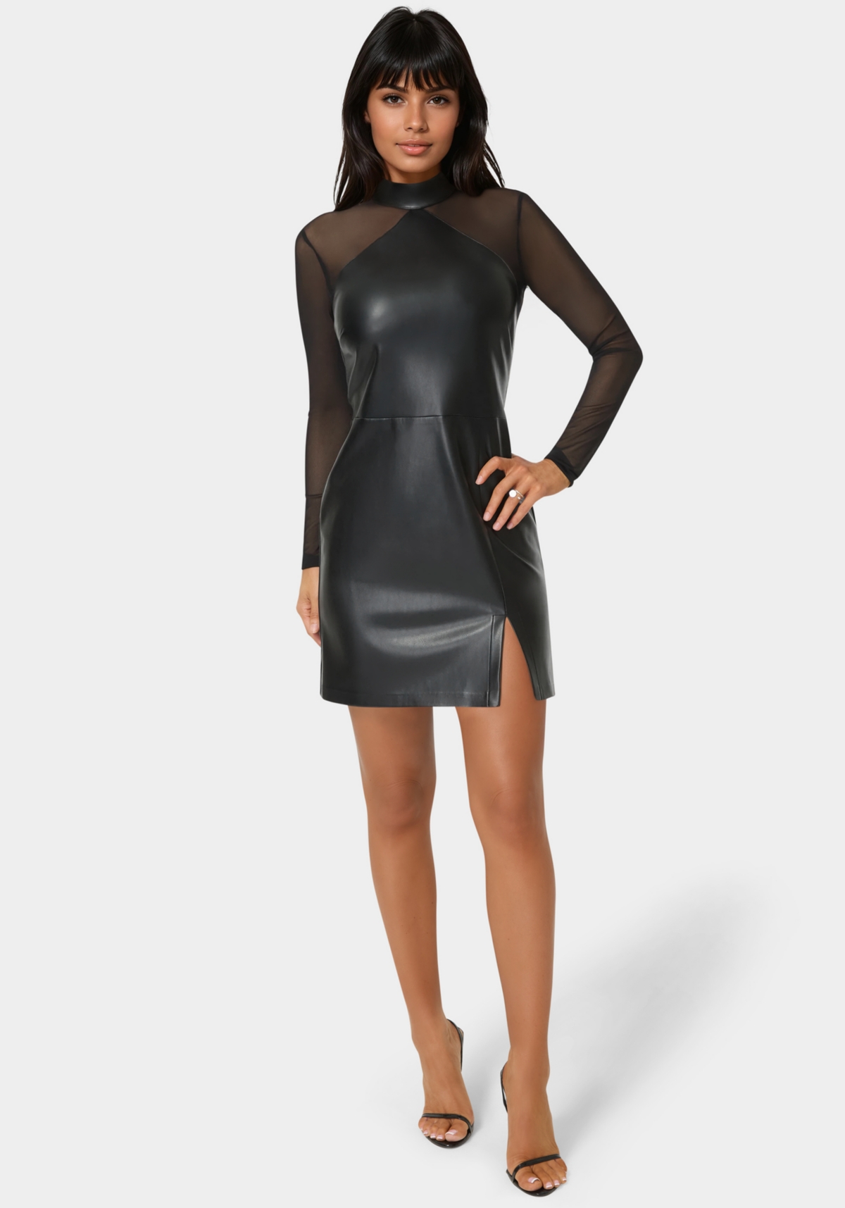 Bebe Womens Faux Leather and Mesh Mock Neck Mini Dress – Black Bebe Womens Faux Leather and Mesh Mock Neck Mini Dress – Black