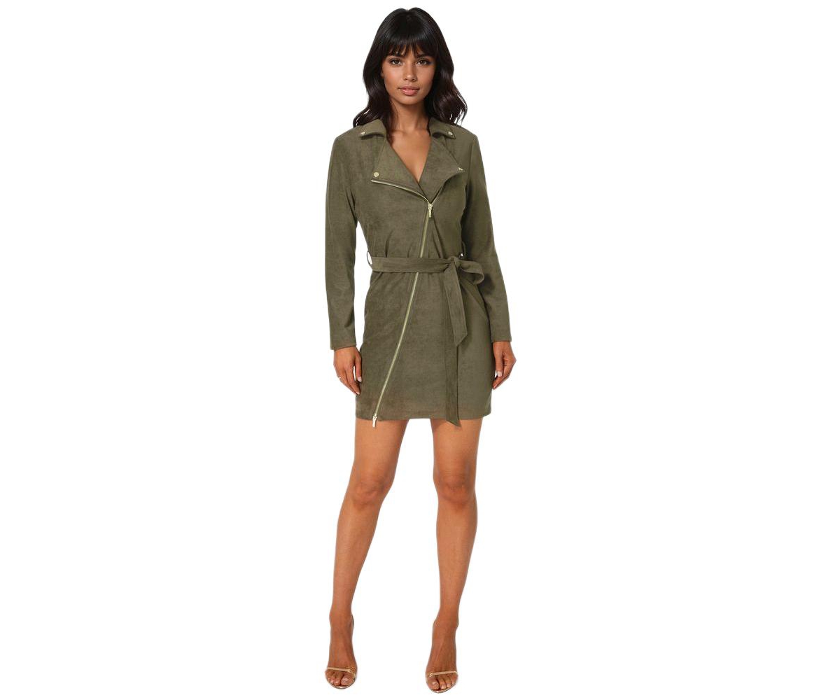 Bebe Women’s Faux Suede Moto Dress – Olive Bebe Women’s Faux Suede Moto Dress – Olive