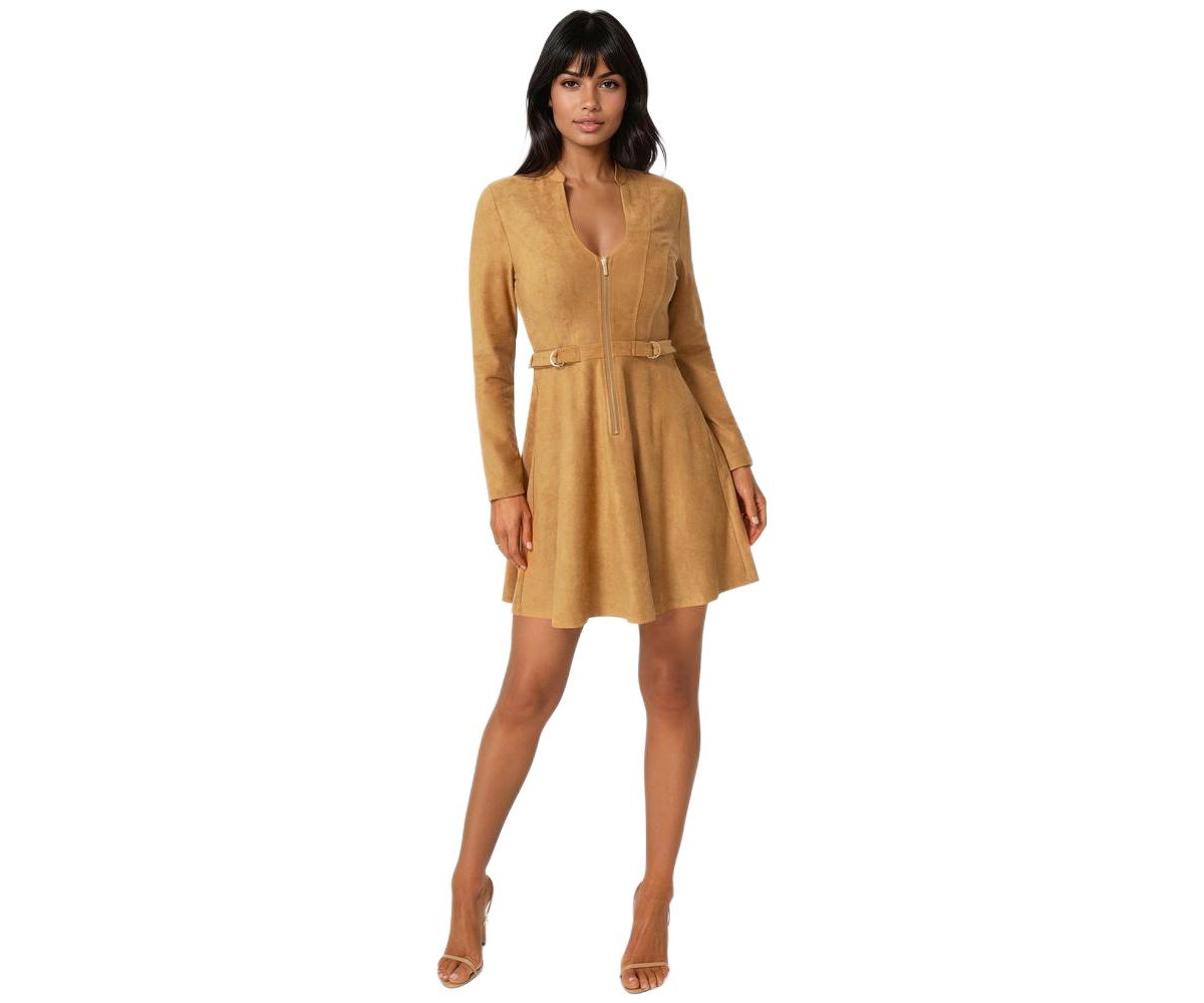 Bebe Women’s Fit and Flare Long Sleeve Suede Mini Dress – Camel Bebe Women’s Fit and Flare Long Sleeve Suede Mini Dress – Camel