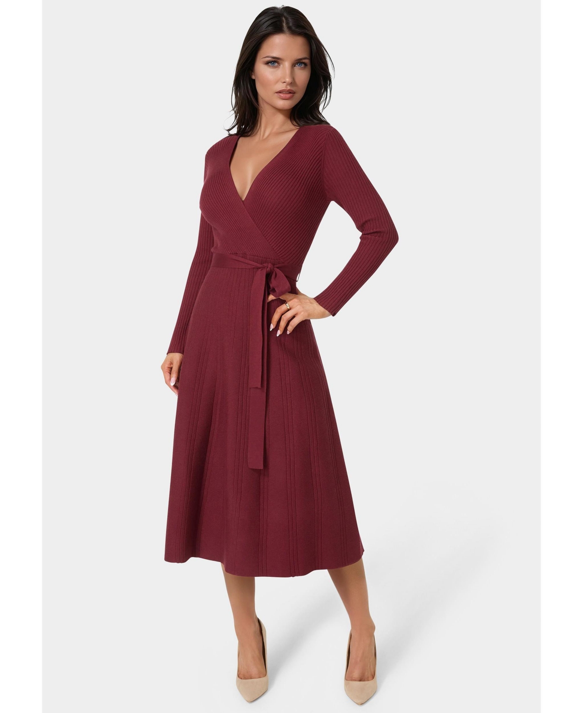 Bebe Women’s Fit and Flare Midi Sweater Dress – Wine Bebe Women’s Fit and Flare Midi Sweater Dress – Wine