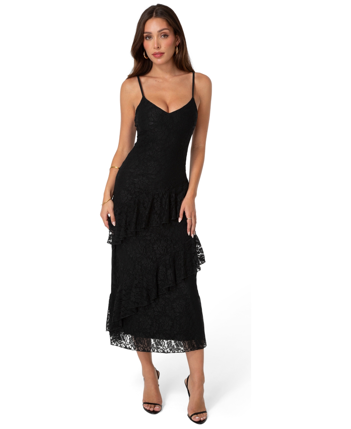 Bebe Women’s Floral-Lace Cascading-Ruffle Maxi Dress – Black Bebe Women’s Floral-Lace Cascading-Ruffle Maxi Dress – Black
