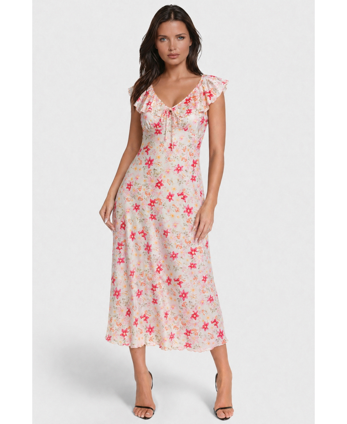 Bebe Women’s Floral-Print Ruffled Satin Maxi Dress – Pink floral Bebe Women’s Floral-Print Ruffled Satin Maxi Dress – Pink floral