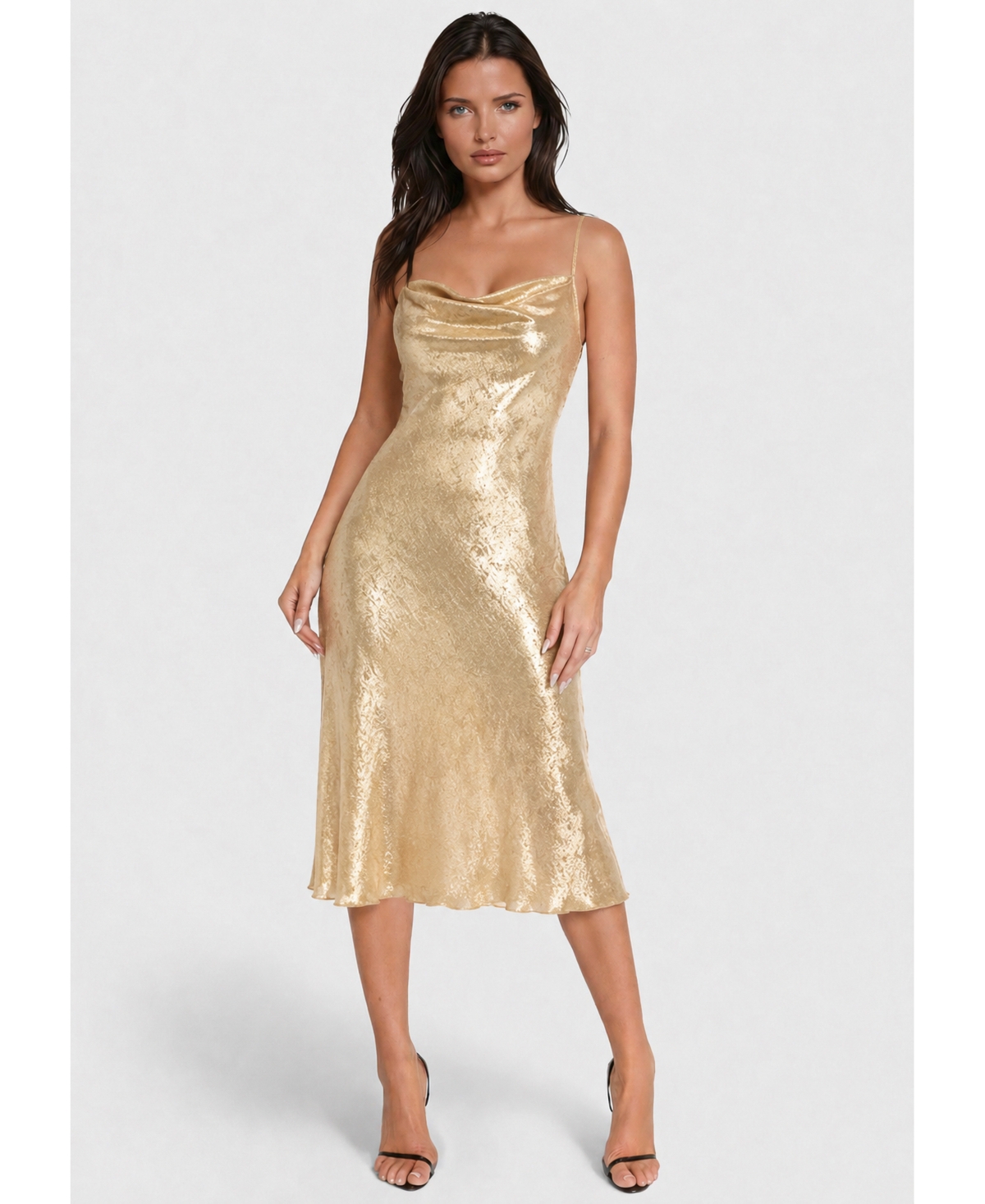 Bebe Women’s Foil Finish Cowl Neck Midi Slip Dress – Gold