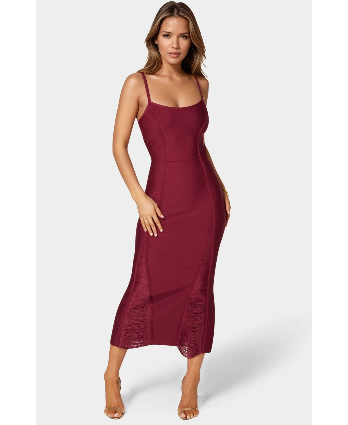 Bebe Women’s Fringe Inset Bandage Midi Dress – Burgundy Bebe Women’s Fringe Inset Bandage Midi Dress – Burgundy
