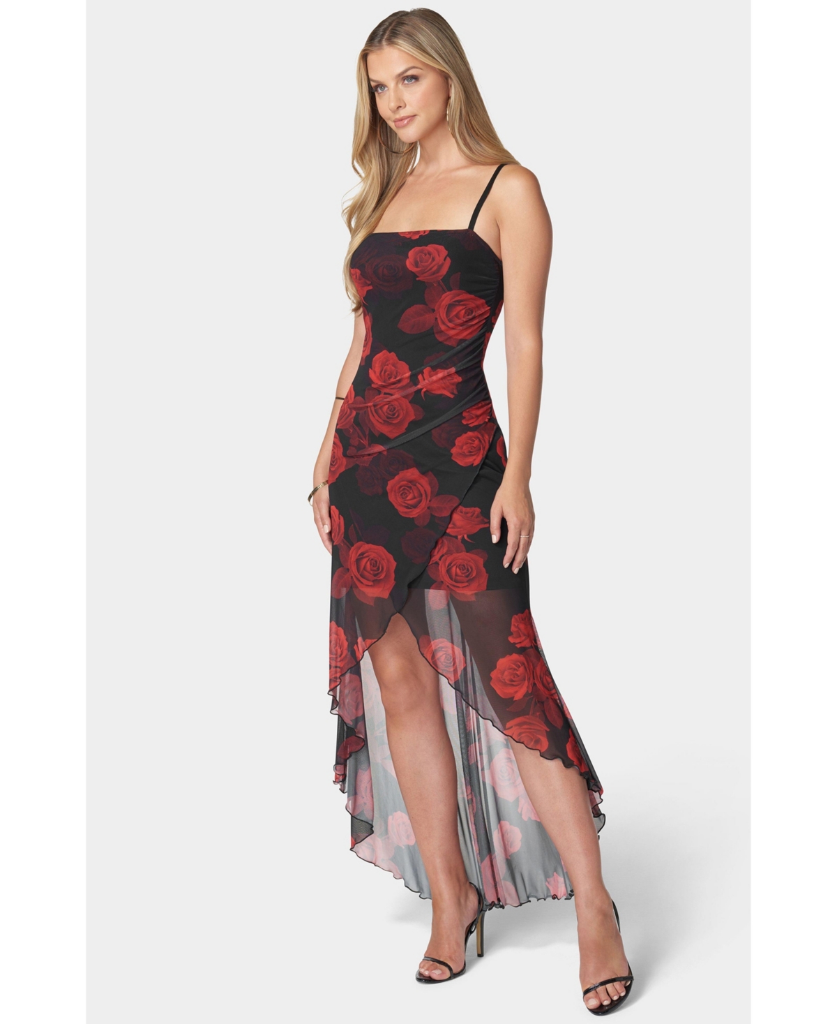 Bebe Women’s Hi-Low Hem Wrap Tube Dress – Black/red