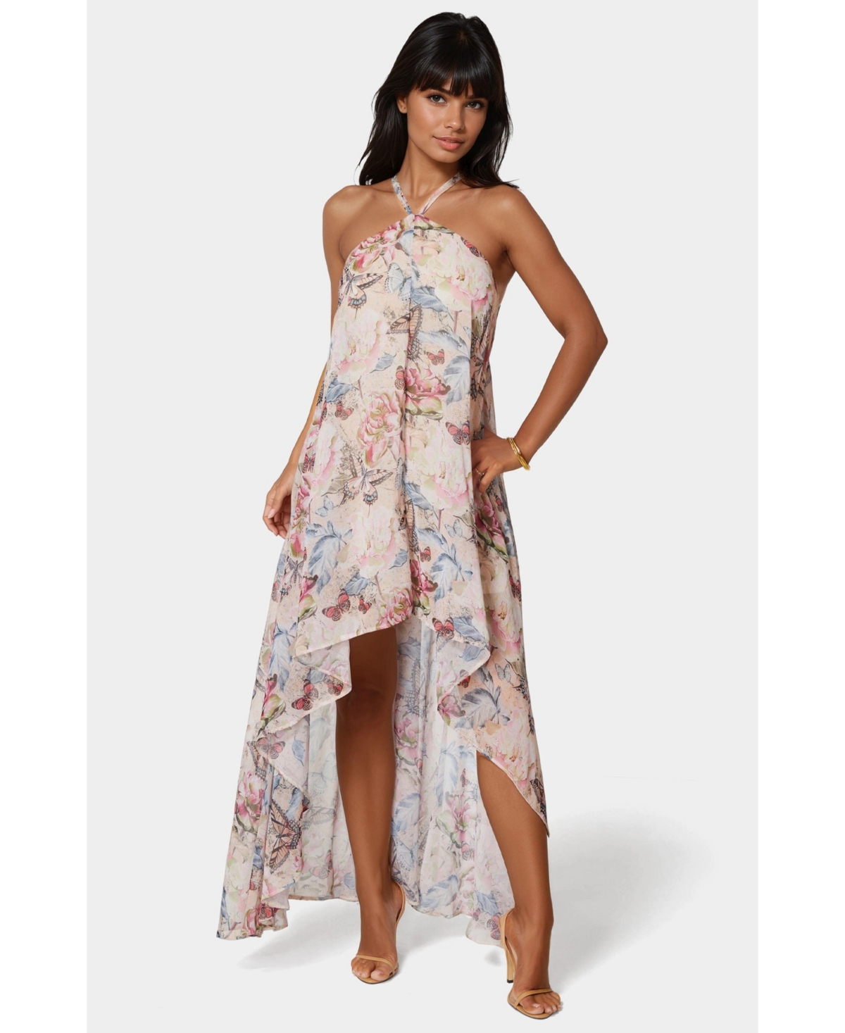 Bebe Women’s High Low Halter Dress – Blush butterfly