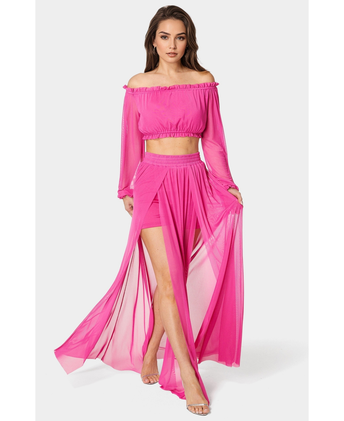 Bebe Women’s High Slit Two Piece Mesh Dress – Fuchsia