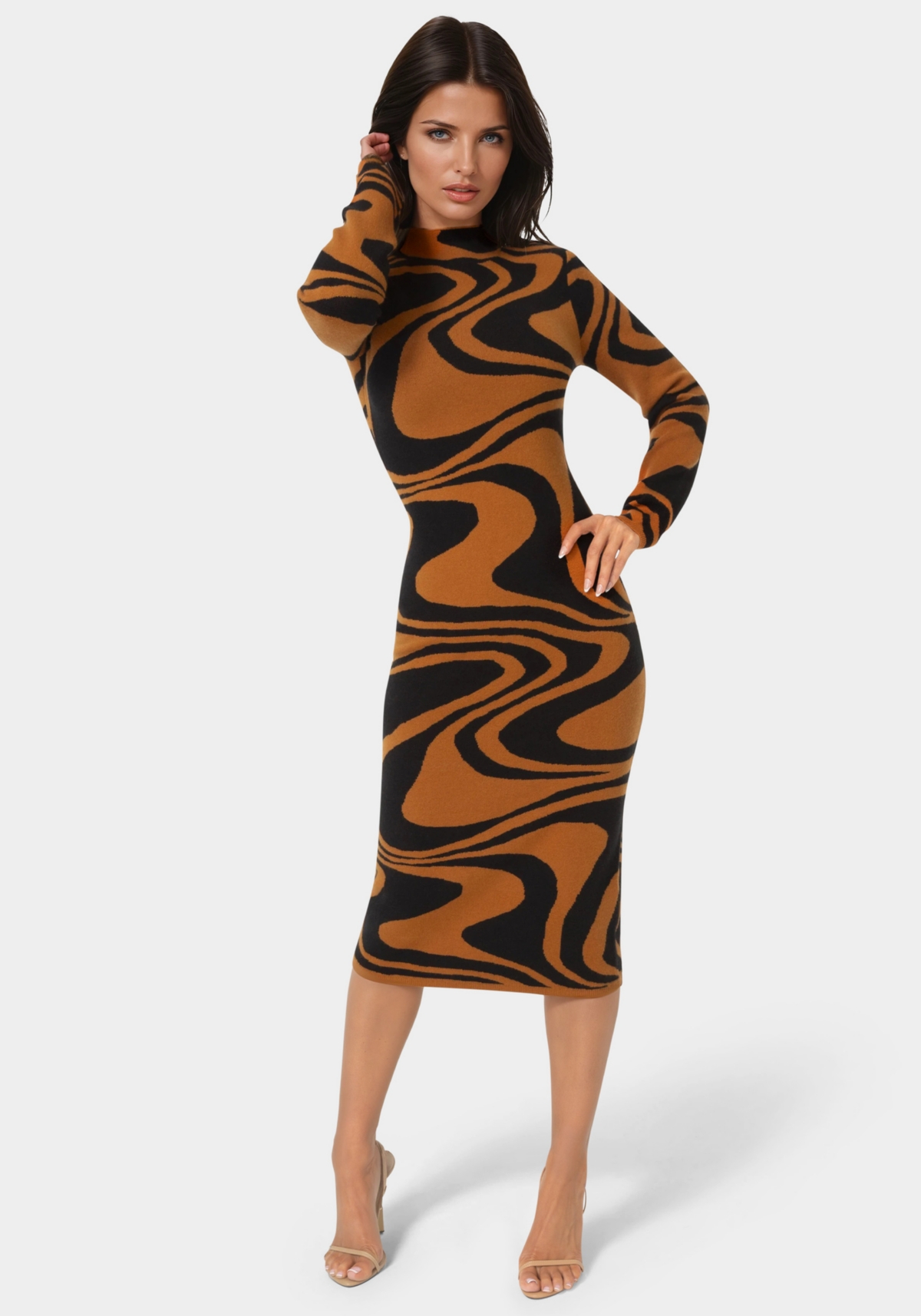 Bebe Women’s Jacquard Funnel Midi Sweater Dress – Brown black Bebe Women’s Jacquard Funnel Midi Sweater Dress – Brown black