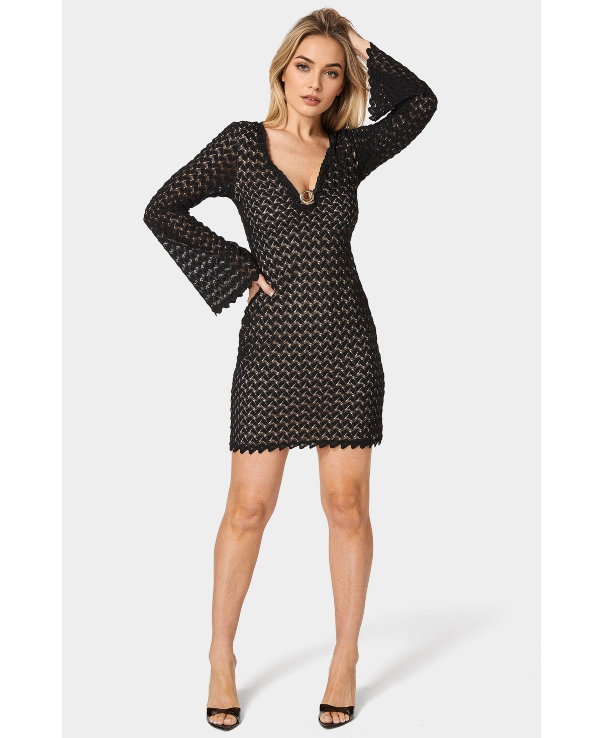 Bebe Women’s Lace Bell Sleeves Keyhole Mini Dress – Black nude Bebe Women’s Lace Bell Sleeves Keyhole Mini Dress – Black nude