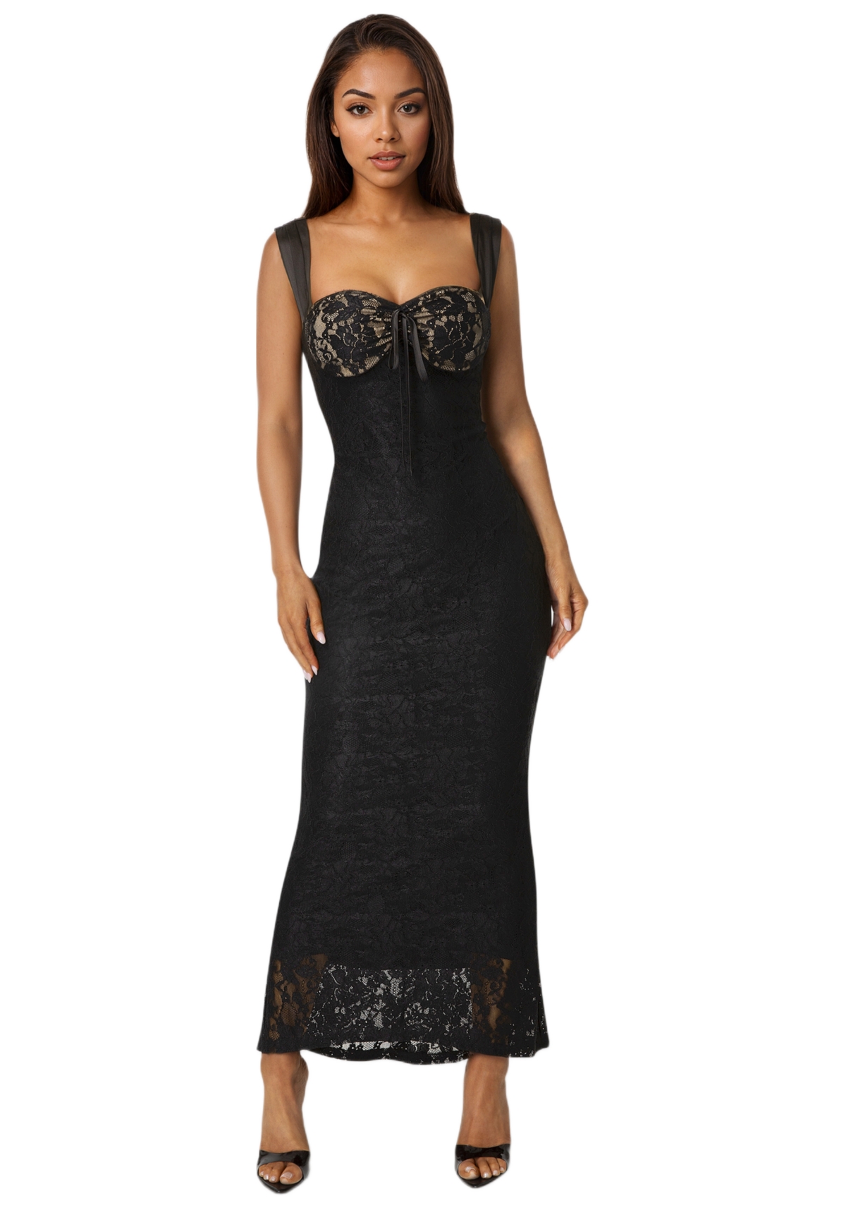 Bebe Women’s Lace Bustier Midi Dress – Black nude Bebe Women’s Lace Bustier Midi Dress – Black nude