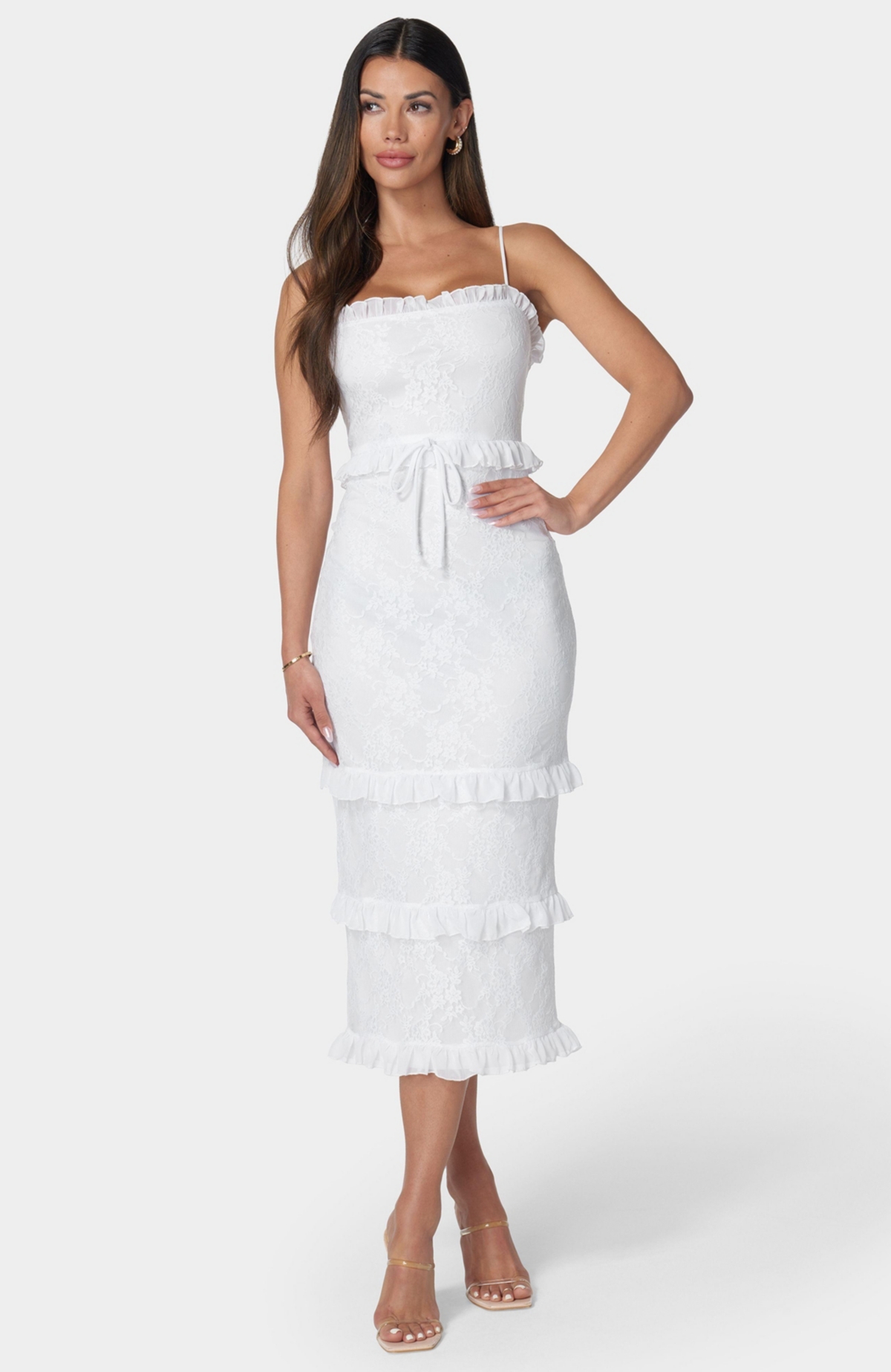 Bebe Women’s Lace Maxi with Ruffle Dress – White Bebe Women’s Lace Maxi with Ruffle Dress – White