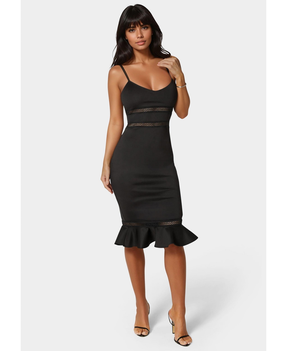 Bebe Women’s Lace Trim Flounce Midi Dress – Black Bebe Women’s Lace Trim Flounce Midi Dress – Black