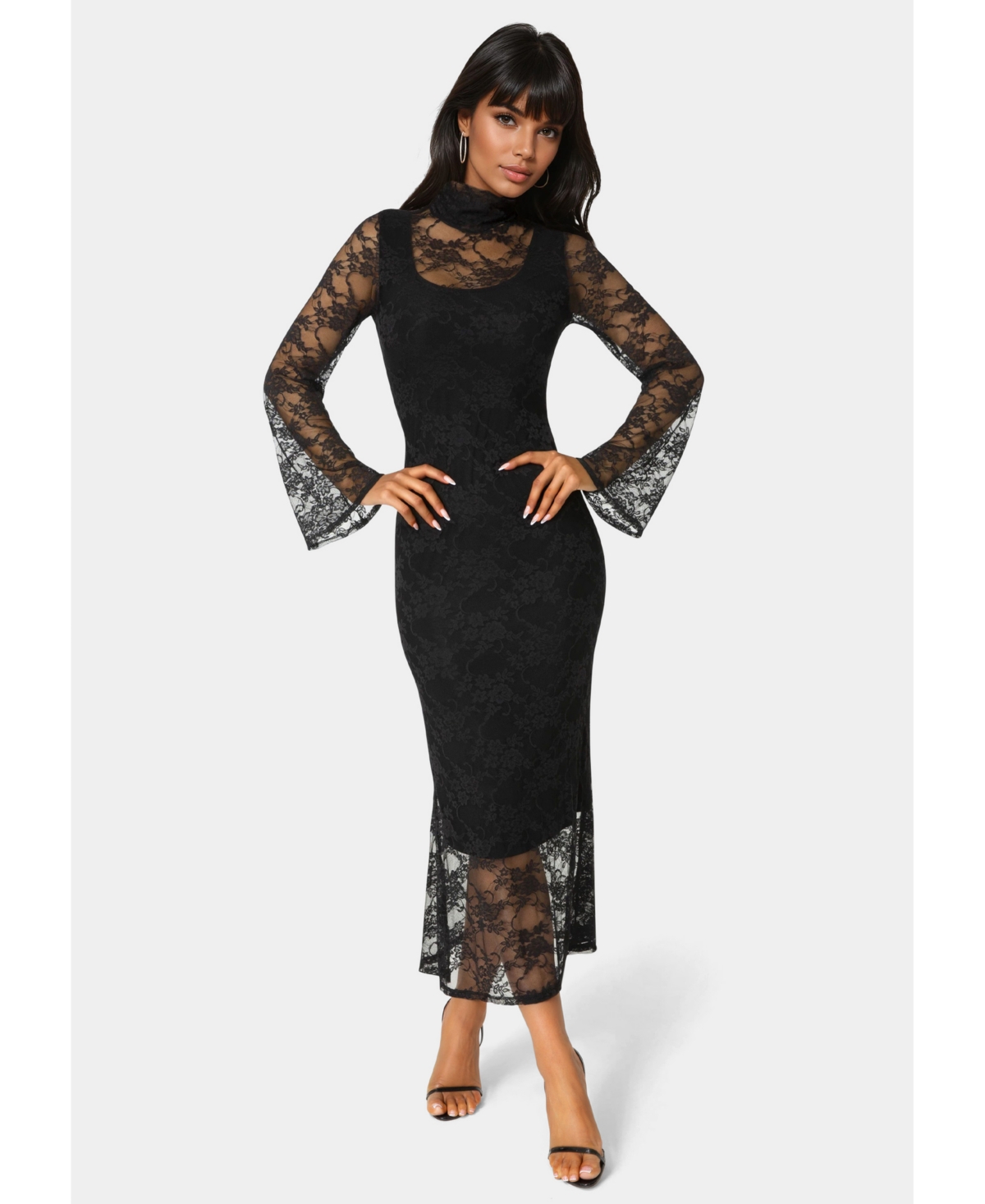 Bebe Women’s Lace Turtleneck Illusion Maxi Dress – Black Bebe Women’s Lace Turtleneck Illusion Maxi Dress – Black