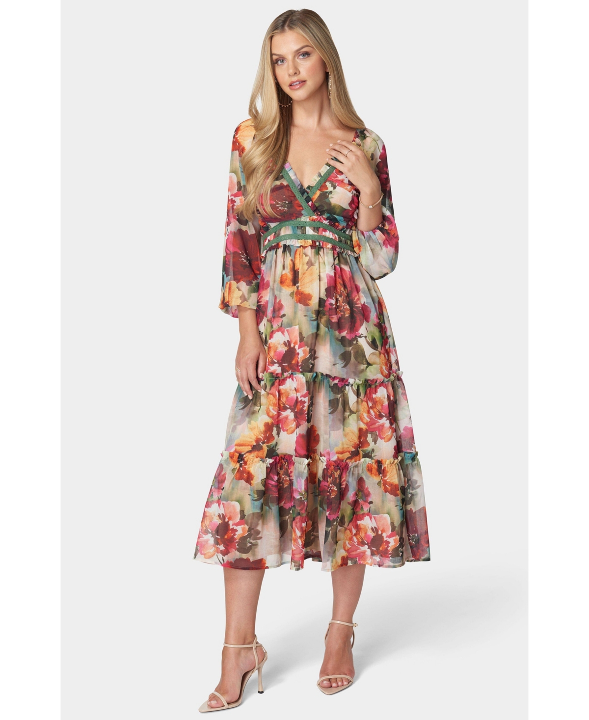 Bebe Women’s Lace Up Back Chiffon Midi Dress – Falling for floral