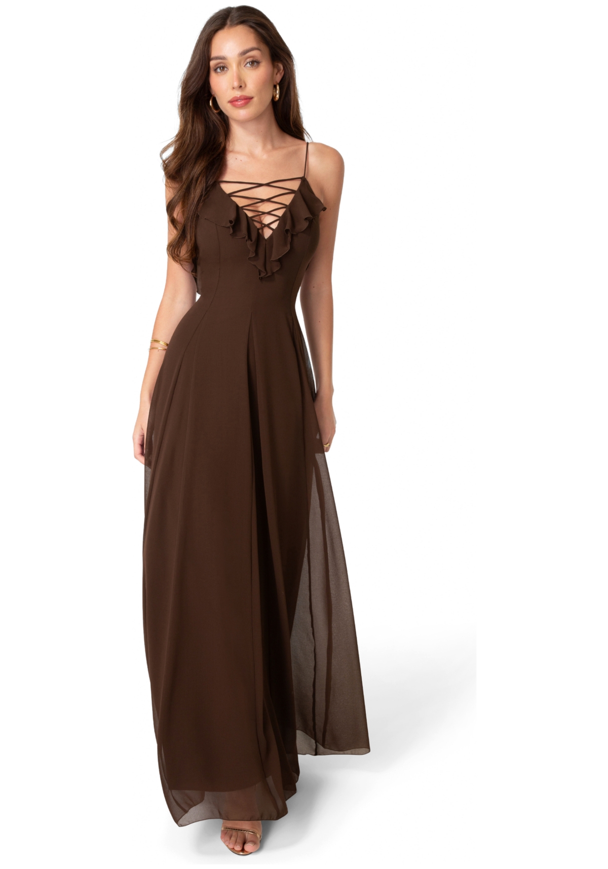 Bebe Women’s Lace Up Ruffle Chiffon Maxi Dress – Chocolate Bebe Women’s Lace Up Ruffle Chiffon Maxi Dress – Chocolate