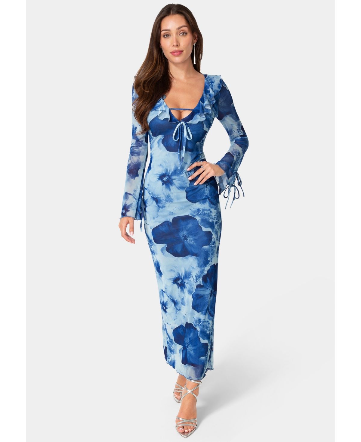 Bebe Women’s Long-Sleeve Floral-Print Ruffle-Neck Maxi Dress – Blue multi