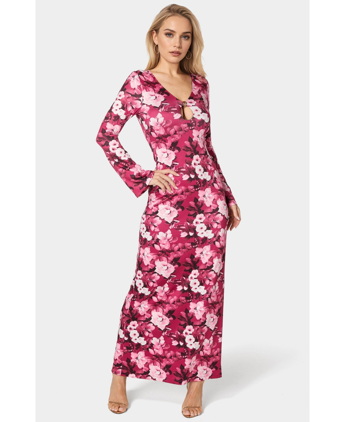 Bebe Women’s Long Sleeve Keyhole Maxi Dress – Merlot