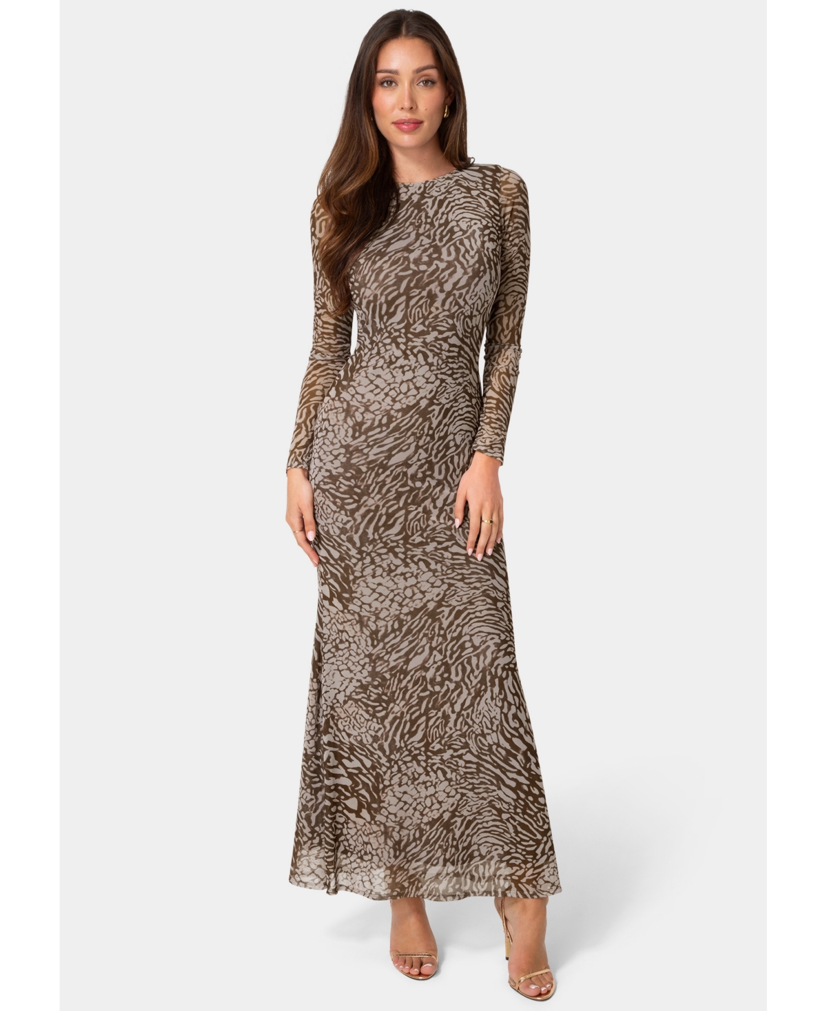 Bebe Womens Long Sleeve Mesh Maxi Dress – Animal Bebe Womens Long Sleeve Mesh Maxi Dress – Animal