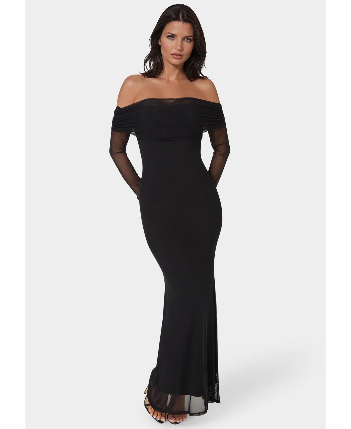 Bebe Women’s Long Sleeve Off the Shoulder Mesh Maxi Dress – Black Bebe Women’s Long Sleeve Off the Shoulder Mesh Maxi Dress – Black