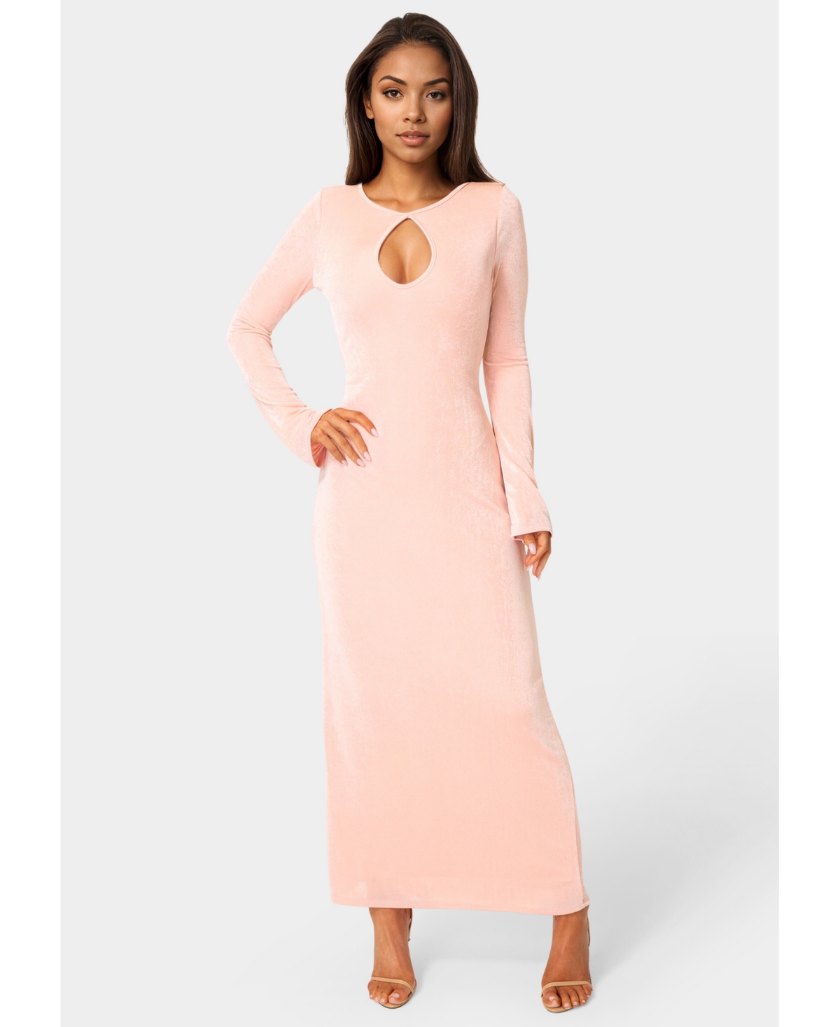 Bebe Women’s Long Sleeve Open Neck Slinky Maxi Dress – Rose