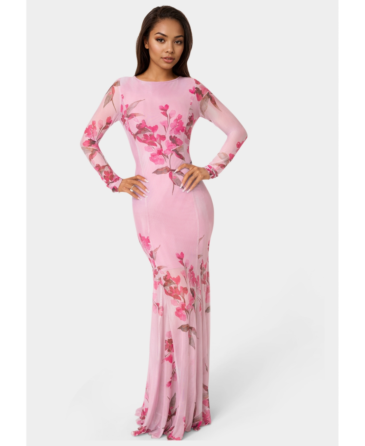 Bebe Women’s Long Sleeve Powermesh Dress – Pink multi