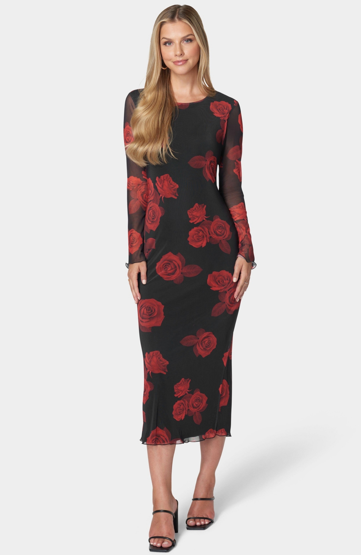 Bebe Women’s Long Sleeve Printed Powermesh Maxi – Black/red Bebe Women’s Long Sleeve Printed Powermesh Maxi – Black/red