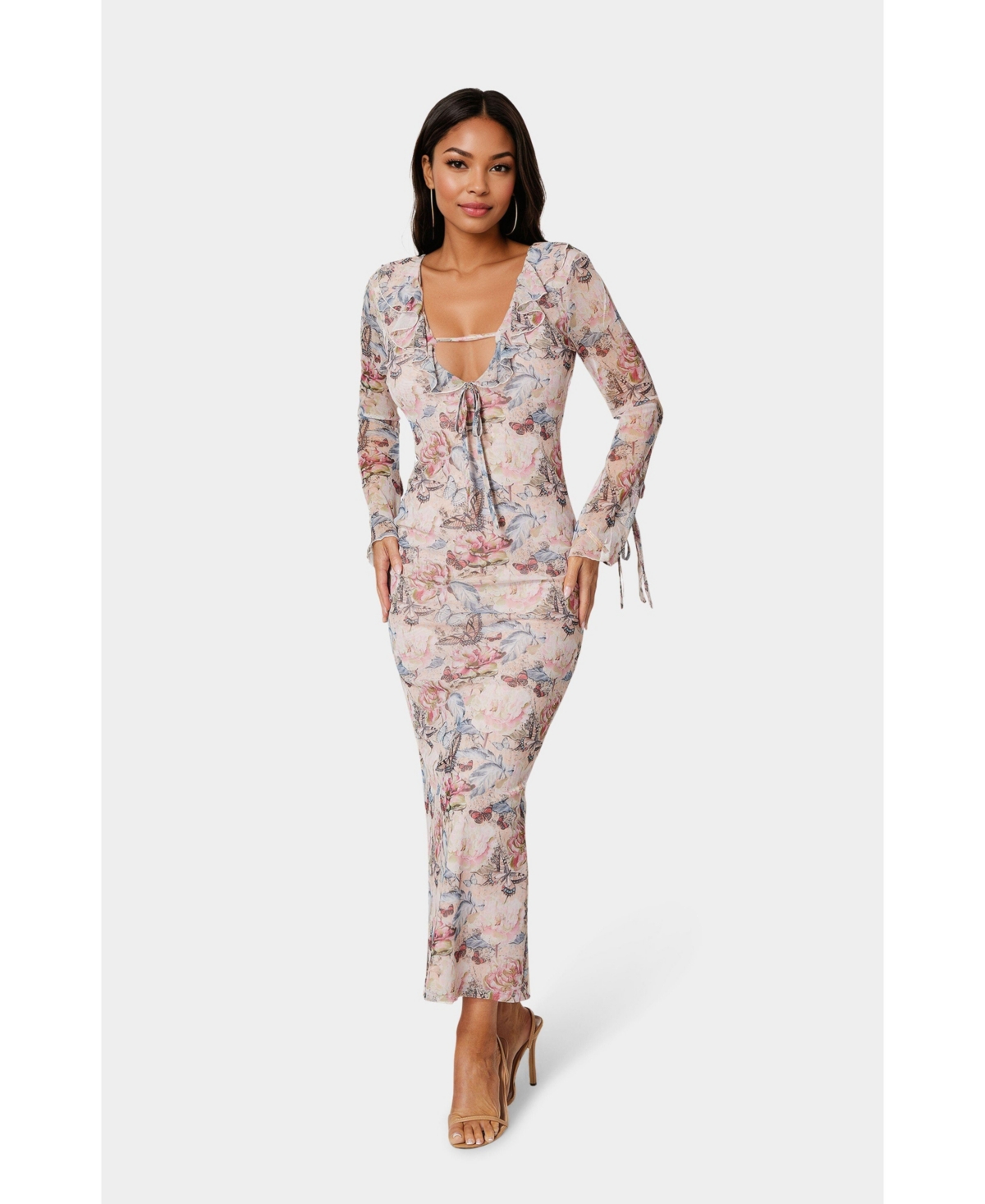 Bebe Women’s Long Sleeve Ruffle Neck Maxi Dress – Blush butterfly Bebe Women’s Long Sleeve Ruffle Neck Maxi Dress – Blush butterfly