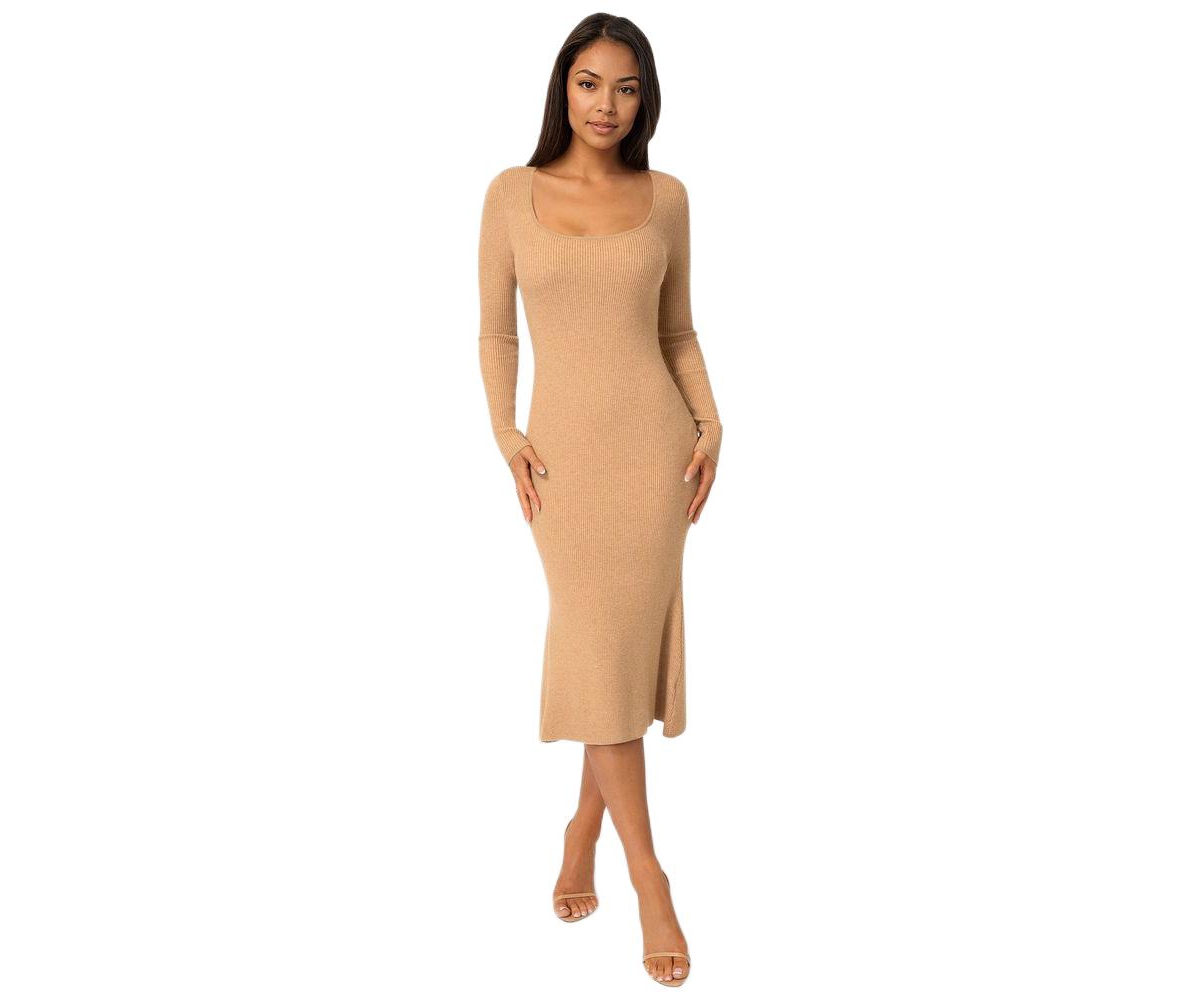 Bebe Women’s Long Sleeve Scoop Neck Sweater Midi Dress – Camel Bebe Women’s Long Sleeve Scoop Neck Sweater Midi Dress – Camel