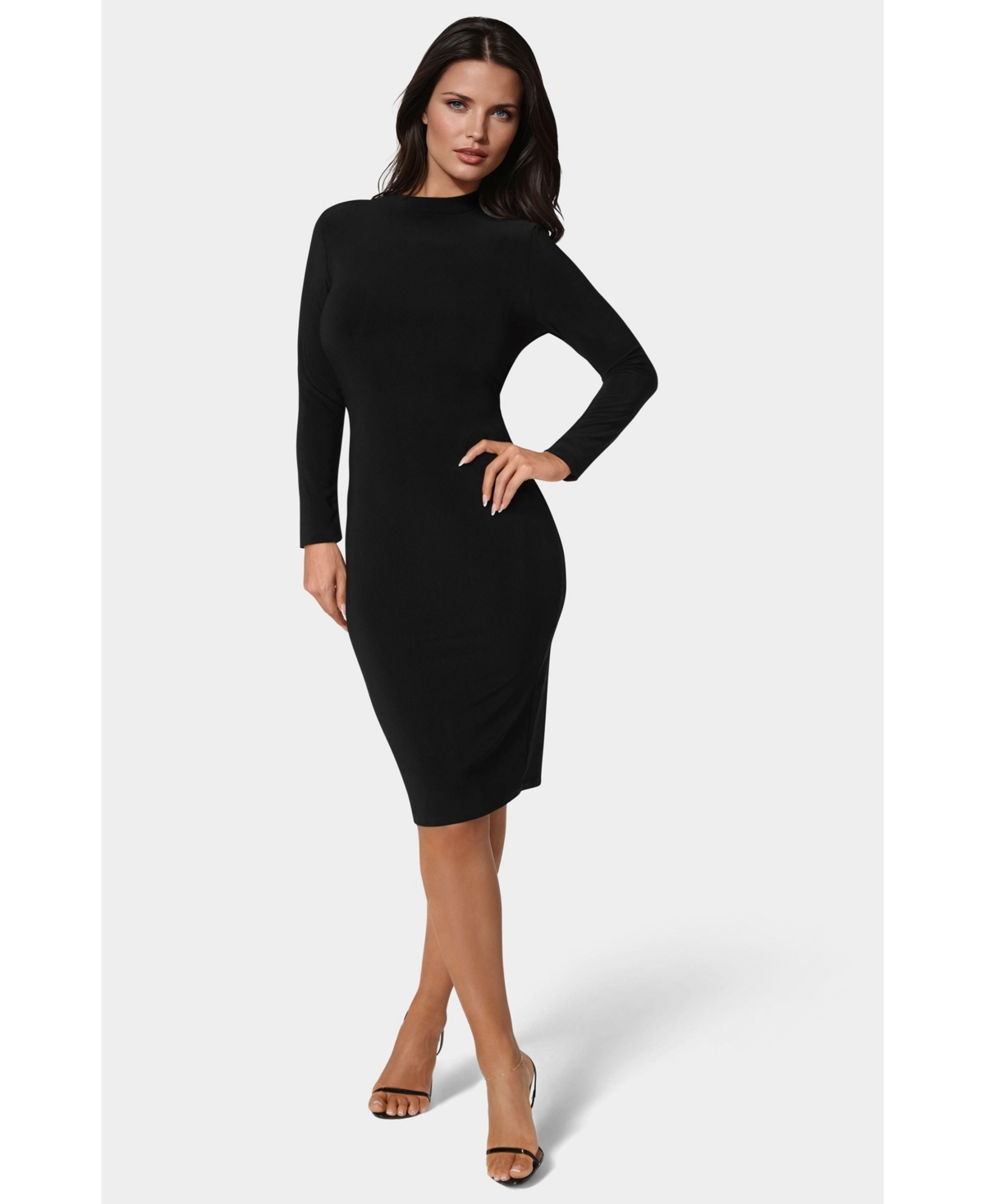 Bebe Women’s Low Back Mock Neck Long Sleeve Midi Dress – Black