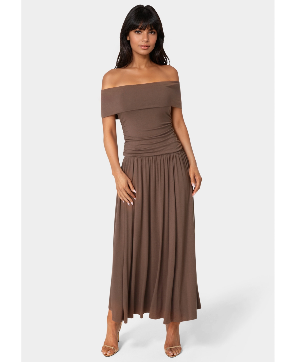 Bebe Women’s Off the Shoulder Drop Waist Maxi Dress – Chocolate Bebe Women’s Off the Shoulder Drop Waist Maxi Dress – Chocolate