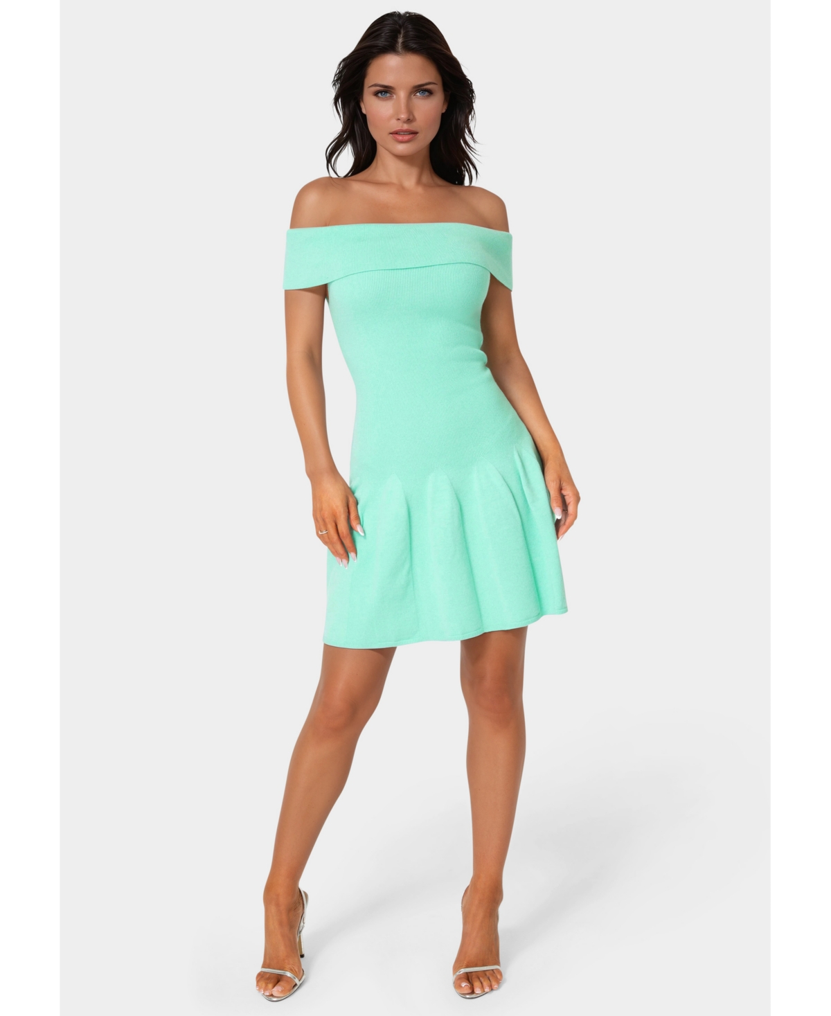 Bebe Women’s Off the Shoulder Fit and Flare Mini Dress – Turquois Bebe Women’s Off the Shoulder Fit and Flare Mini Dress – Turquois