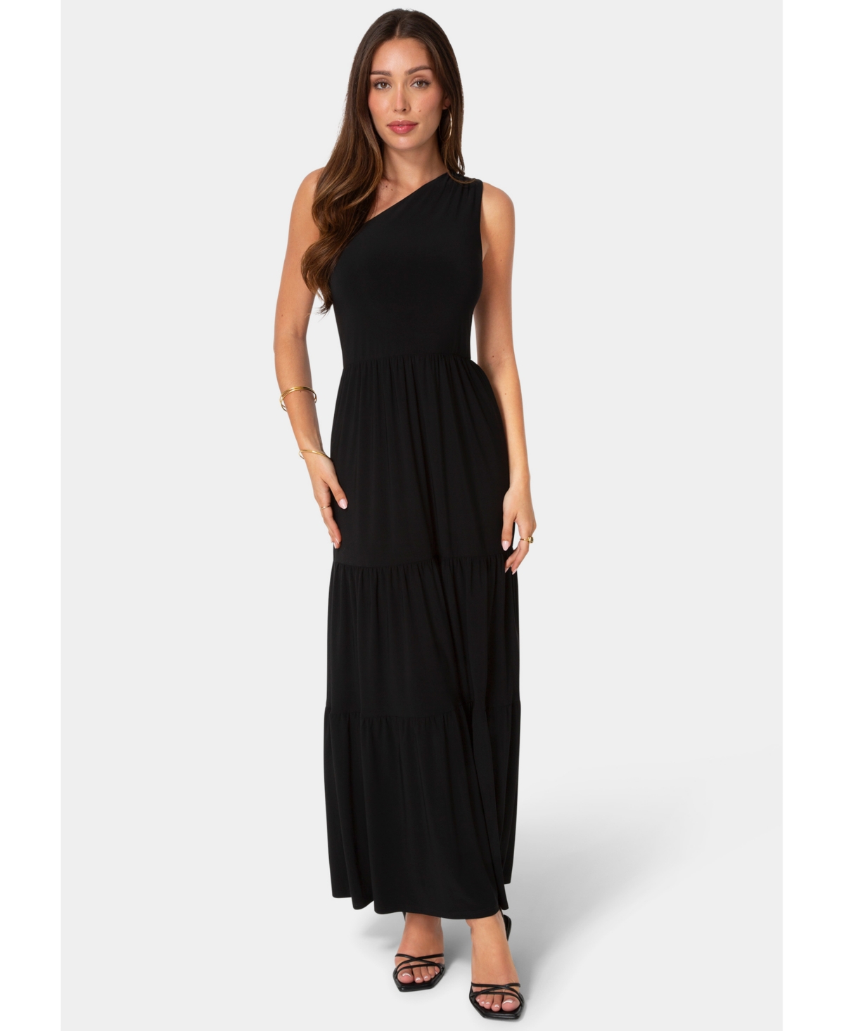 Bebe Women’s One-Shoulder Tiered Maxi Dress – Black