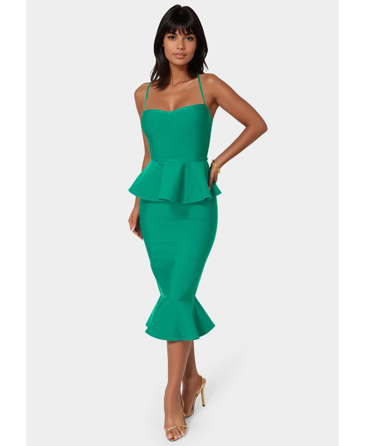 Bebe Women’s Peplum Bandage Midi Dress – Green Bebe Women’s Peplum Bandage Midi Dress – Green