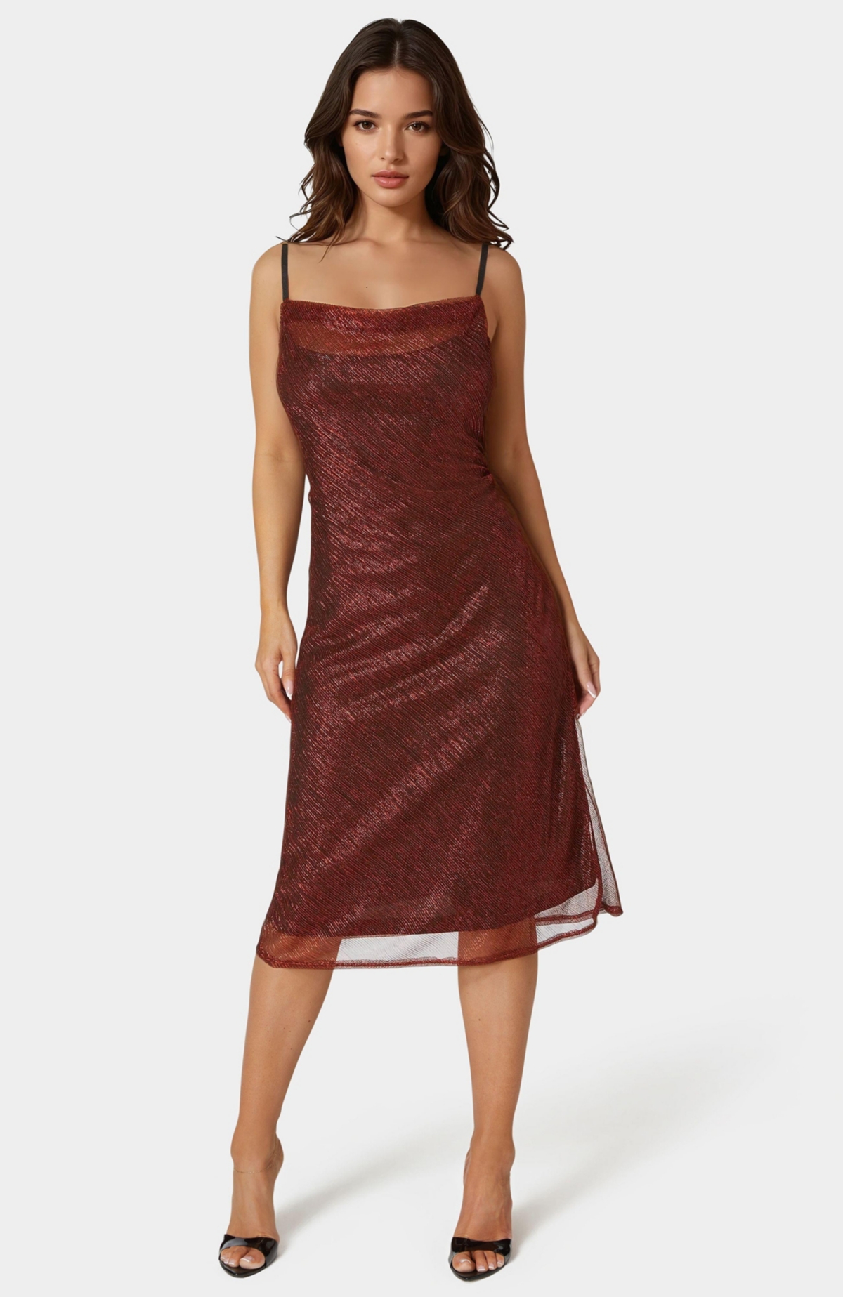 Bebe Women’s Pleat Cowl Midi Dress – Red Bebe Women’s Pleat Cowl Midi Dress – Red