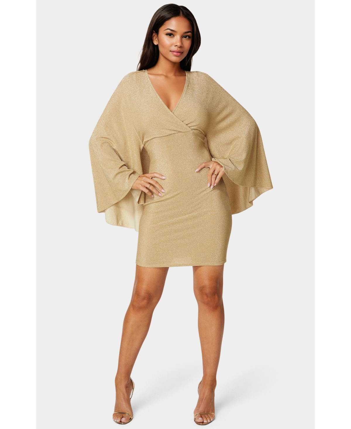 Bebe Women’s Plunge Neck Drama Cape Dress – Gold Bebe Women’s Plunge Neck Drama Cape Dress – Gold