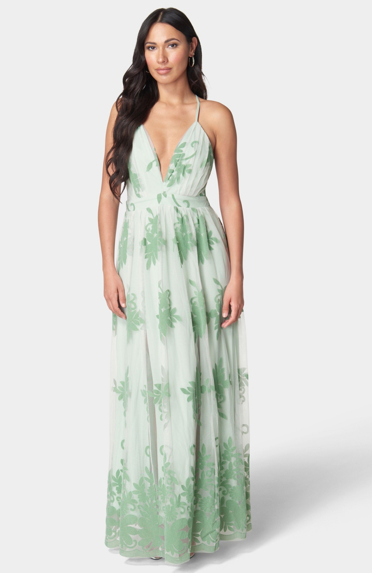 Bebe Women’s Plunge Neck Embroidered Maxi Dress – Olive
