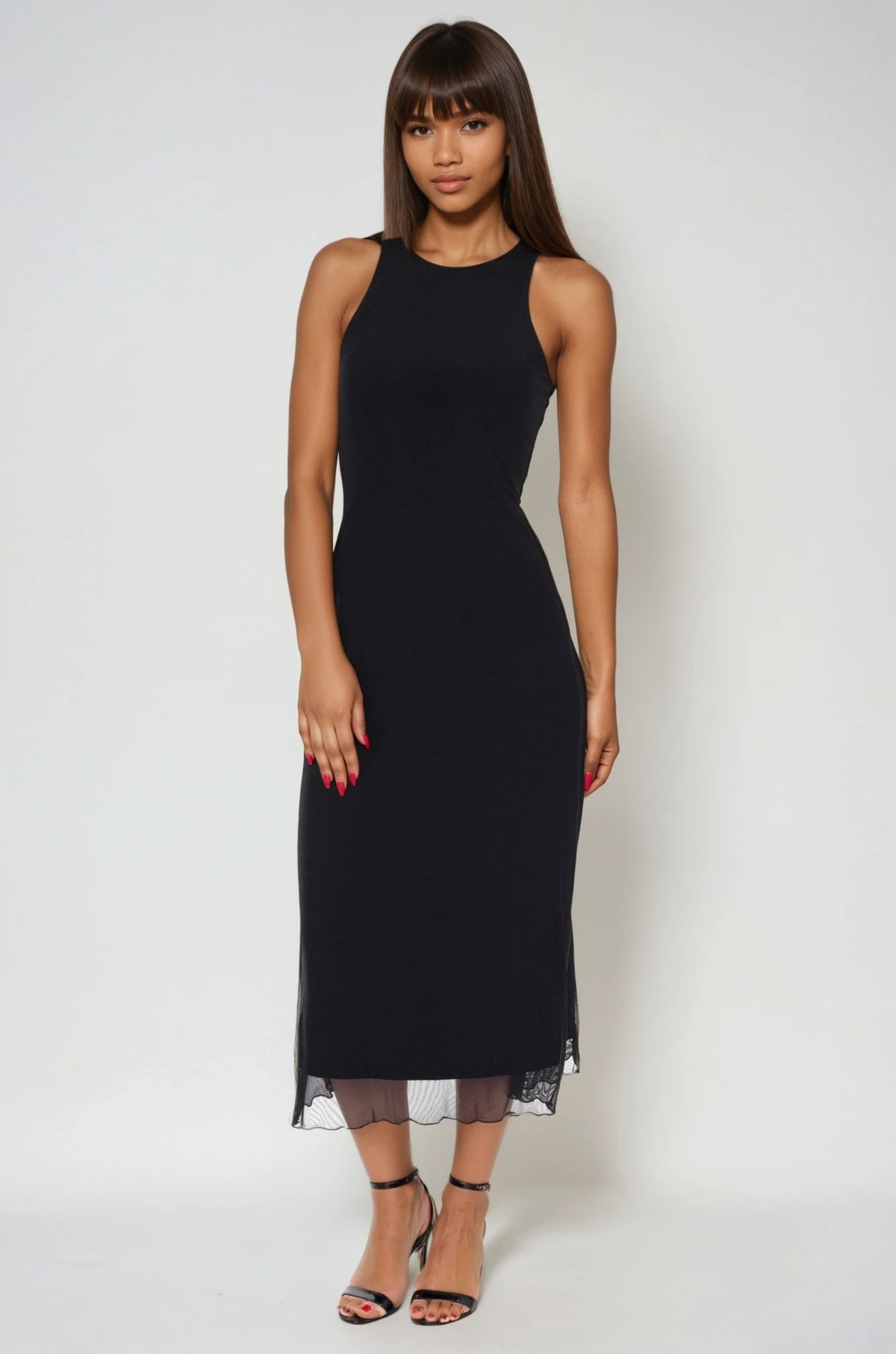 Bebe Women’s PowerMesh A-line Maxi Dress – Black