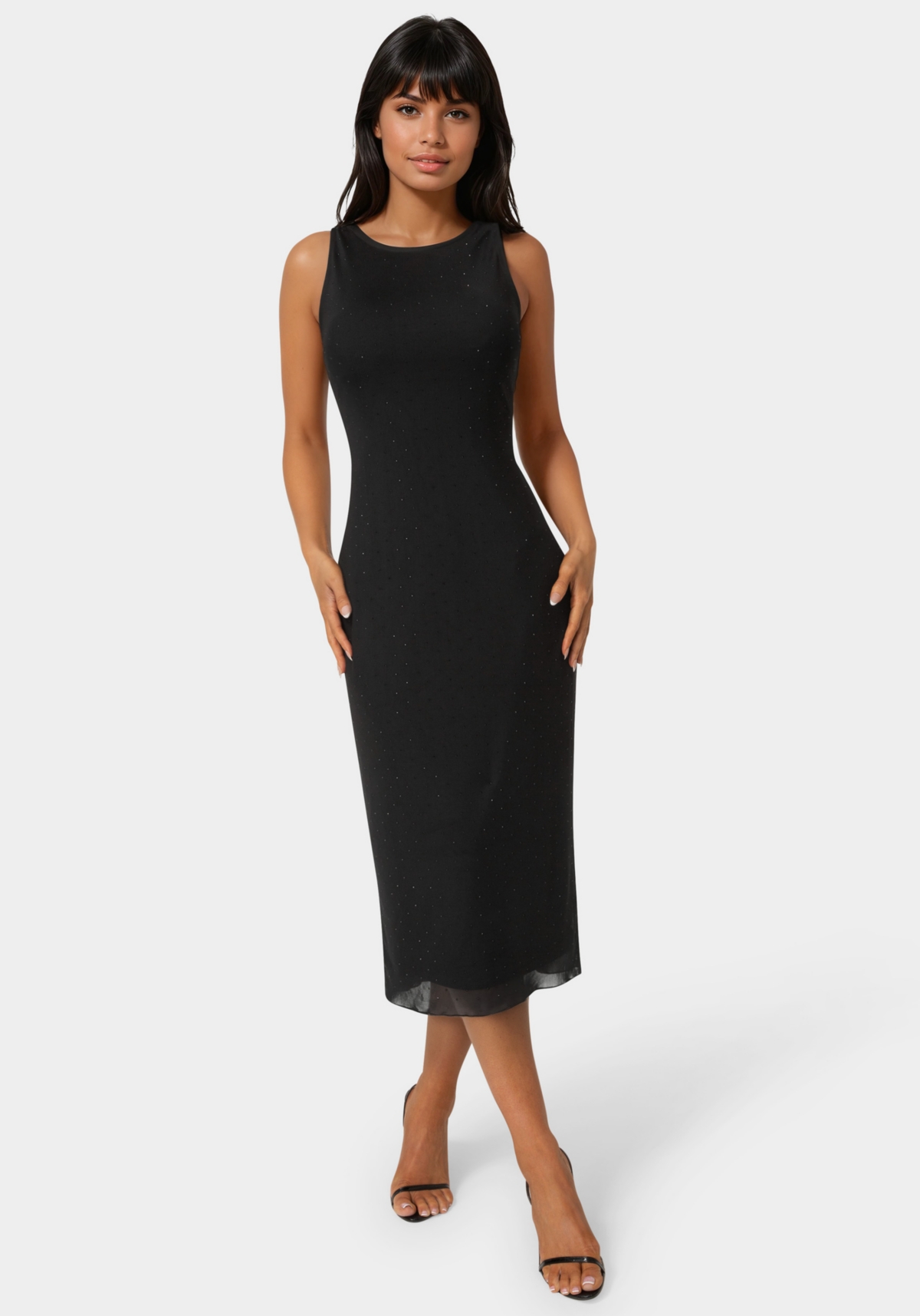 Bebe Women’s Powermesh Rhinestone Sleeveless Maxi Dress – Black