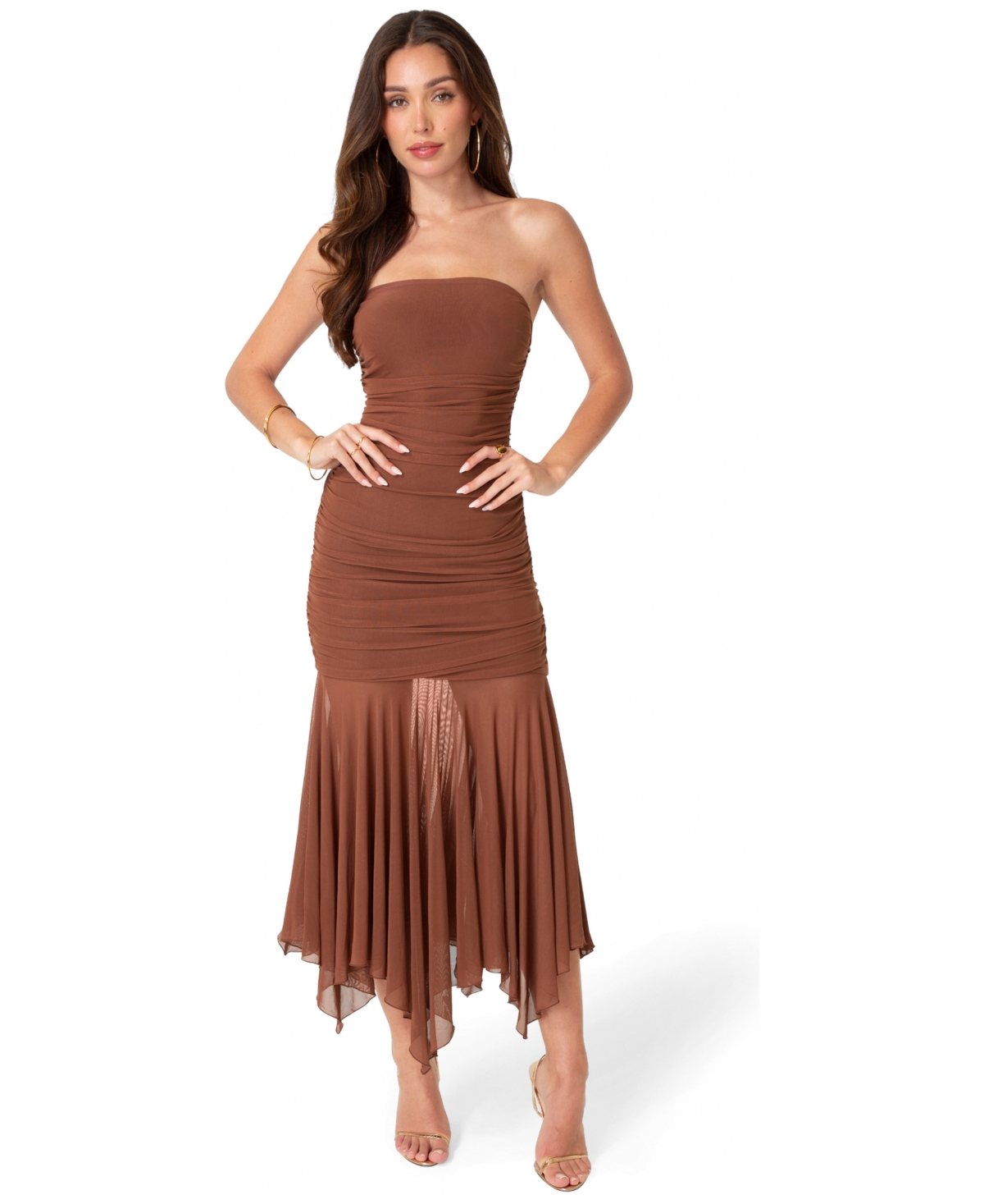 Bebe Womens Powermesh Strapless Hanky Dress – Brown
